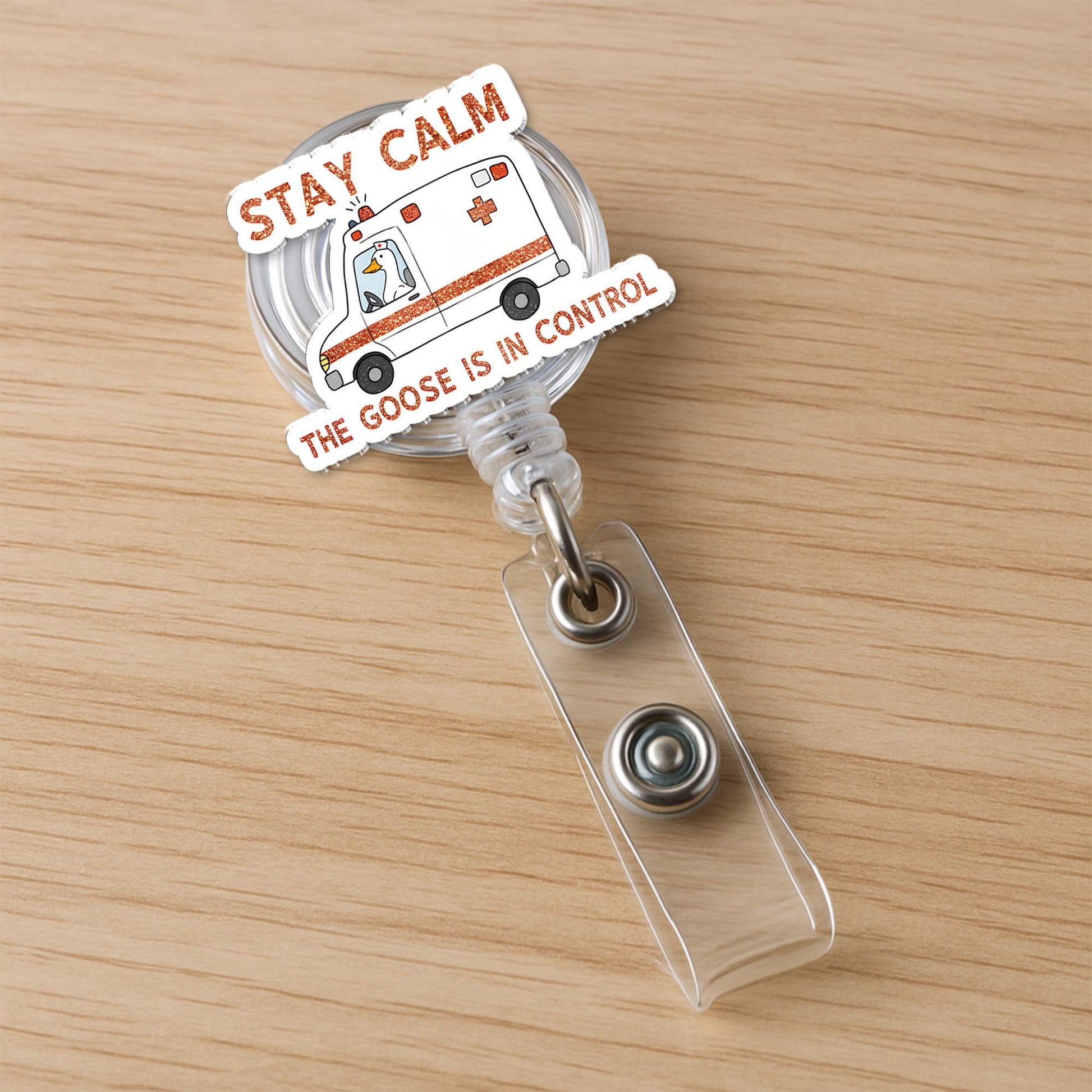 Funny Silly Goose ER Nurse Badge Reel – Stay Calm the Goose Is in Control ID Holder, Ems EMT Crew Nurse Badge Reel, Emergency Humor Gift