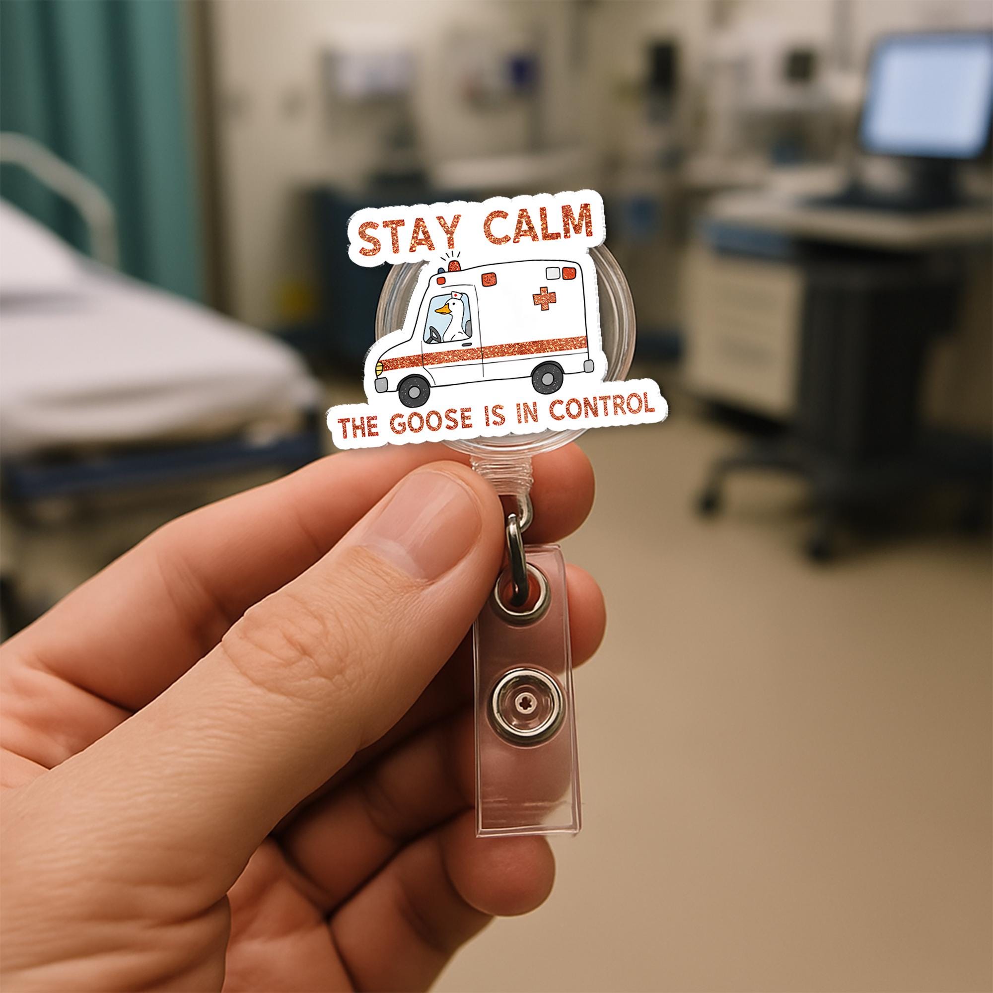 Funny Silly Goose ER Nurse Badge Reel – Stay Calm the Goose Is in Control ID Holder, Ems EMT Crew Nurse Badge Reel, Emergency Humor Gift