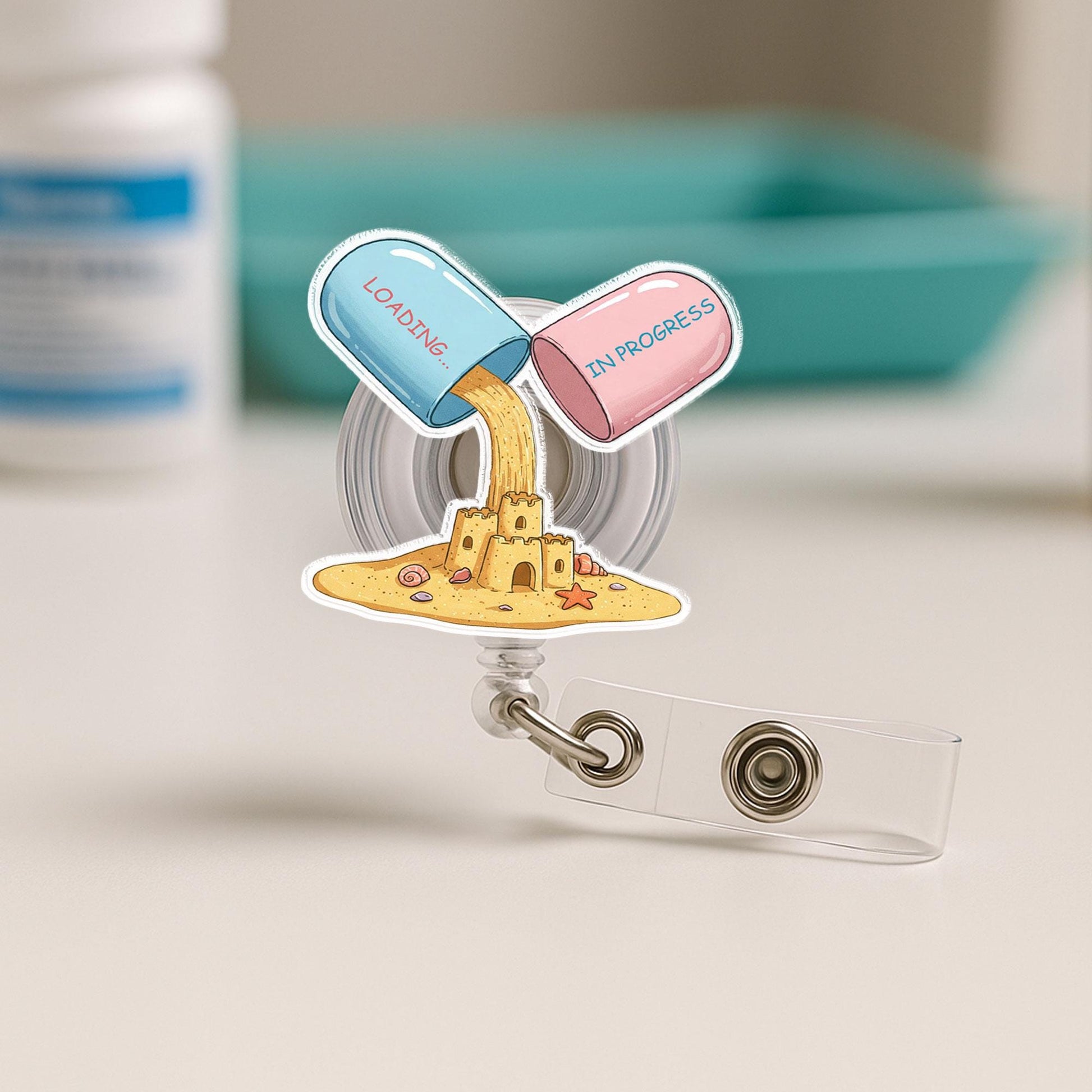 Funny Medicine Badge Reel - Summer Loading Sandcastle Nurse Gift - Pharmacist Tech Cute Meds ID Holder - Summer Coming Badge Clip