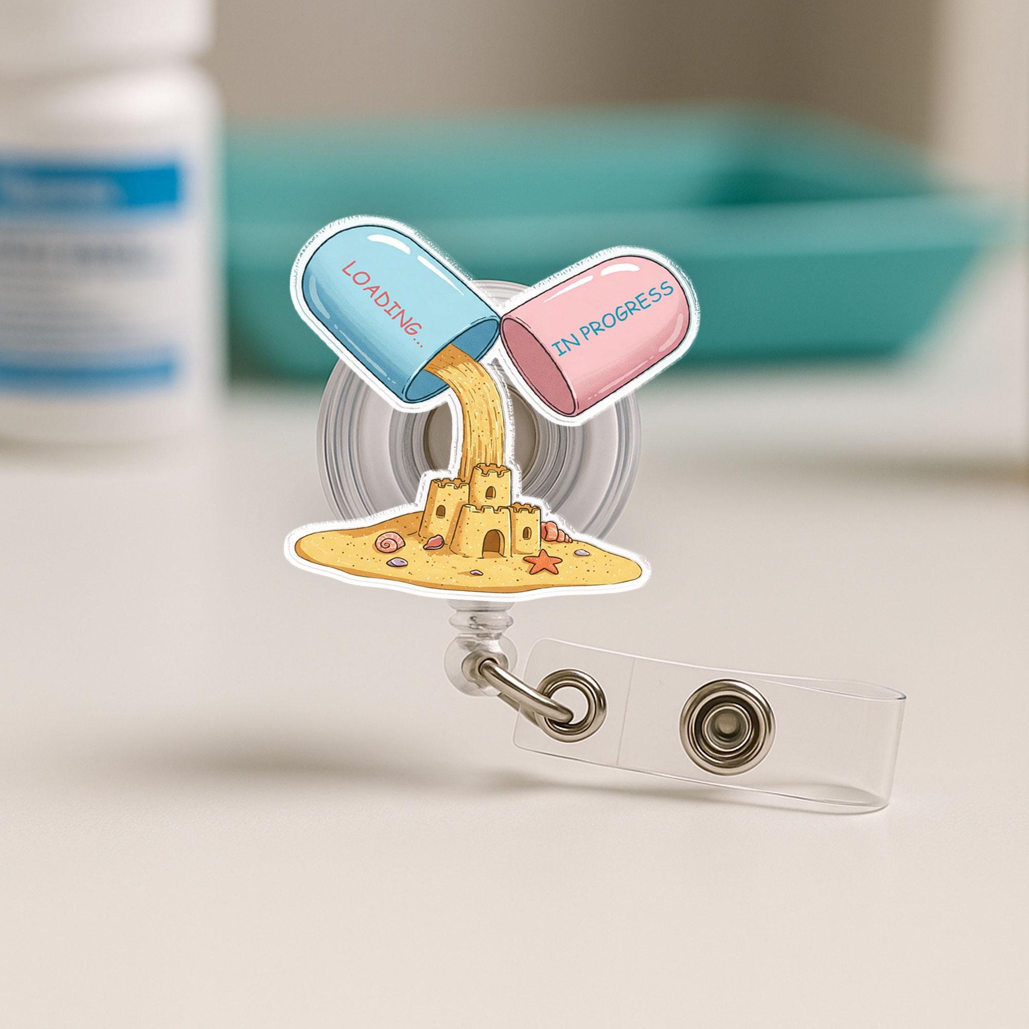 Funny Medicine Badge Reel - Summer Loading Sandcastle Nurse Gift - Pharmacist Tech Cute Meds ID Holder - Summer Coming Badge Clip