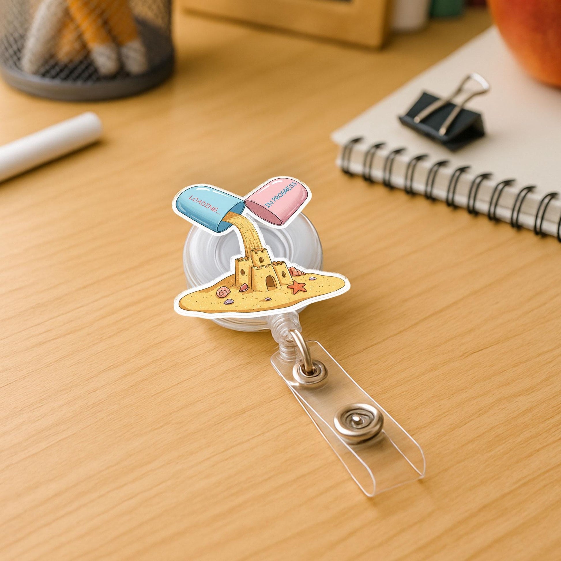 Funny Medicine Badge Reel - Summer Loading Sandcastle Nurse Gift - Pharmacist Tech Cute Meds ID Holder - Summer Coming Badge Clip