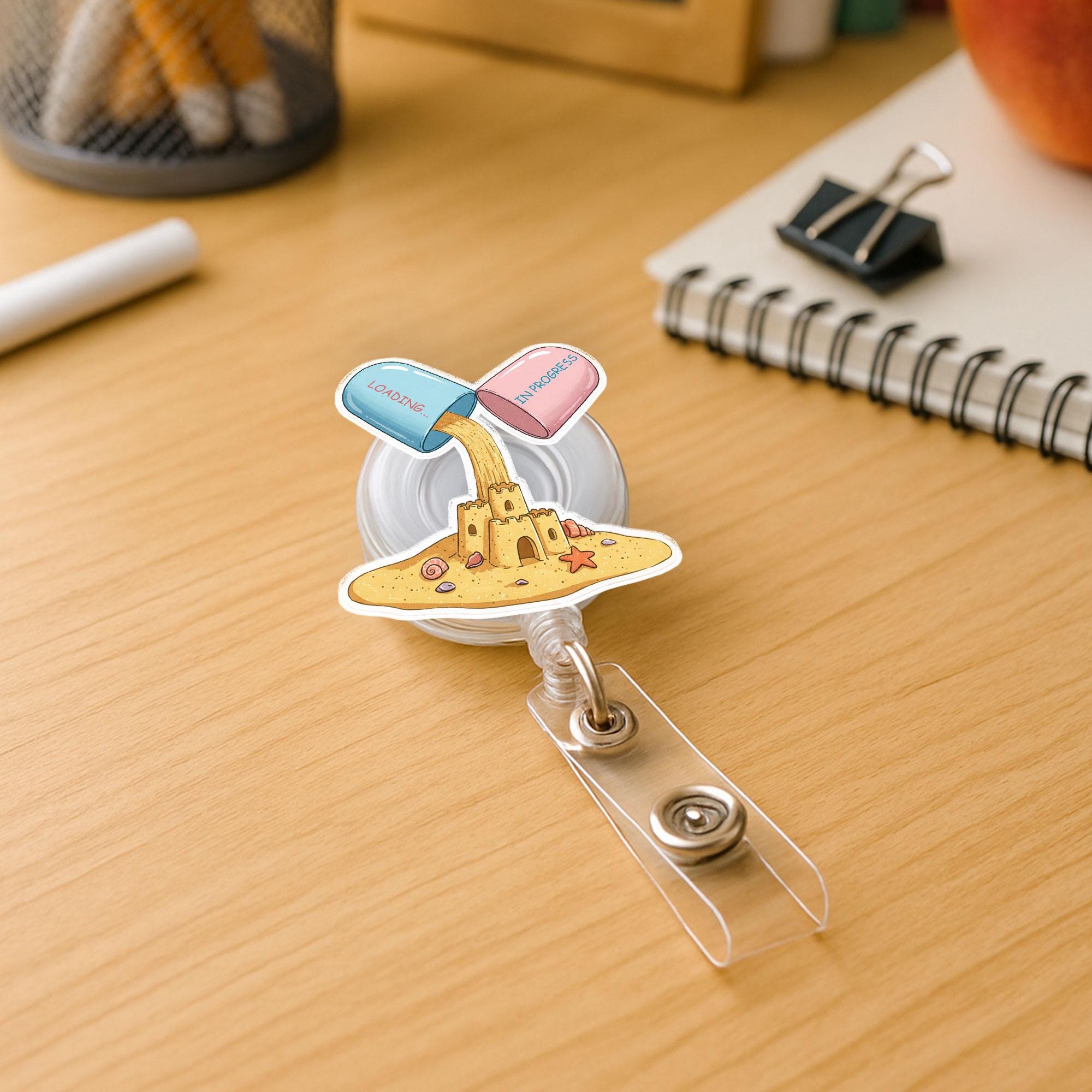 Funny Medicine Badge Reel - Summer Loading Sandcastle Nurse Gift - Pharmacist Tech Cute Meds ID Holder - Summer Coming Badge Clip