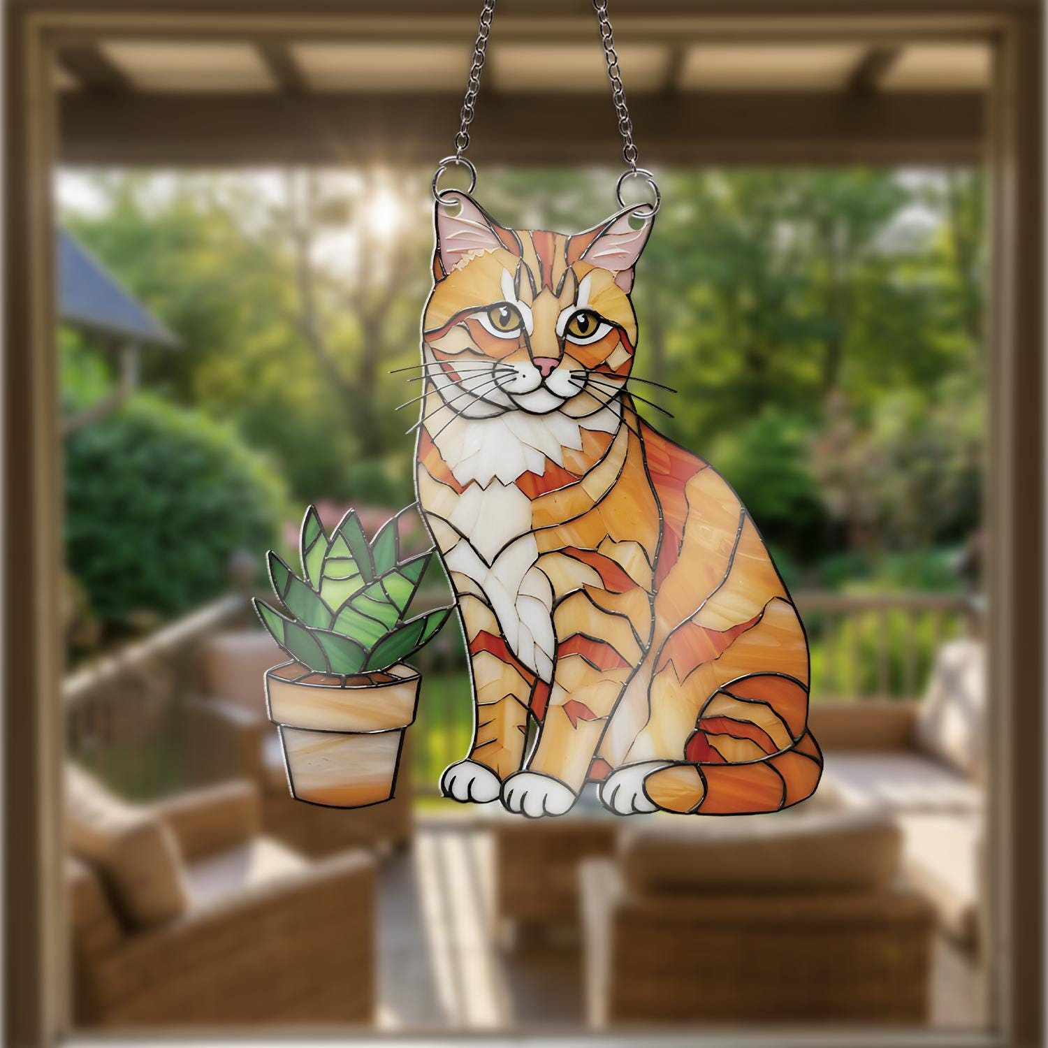 Orange Cat with Succulent Acrylic Window Hanging, Stained Glass Style Decor, Cat Lover Gift, Plant Window Art, Cute Home Accent