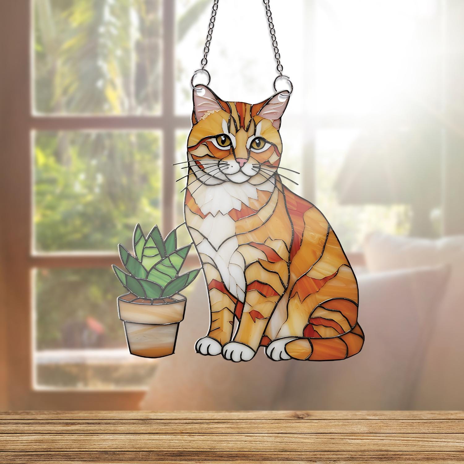 Orange Cat with Succulent Acrylic Window Hanging, Stained Glass Style Decor, Cat Lover Gift, Plant Window Art, Cute Home Accent