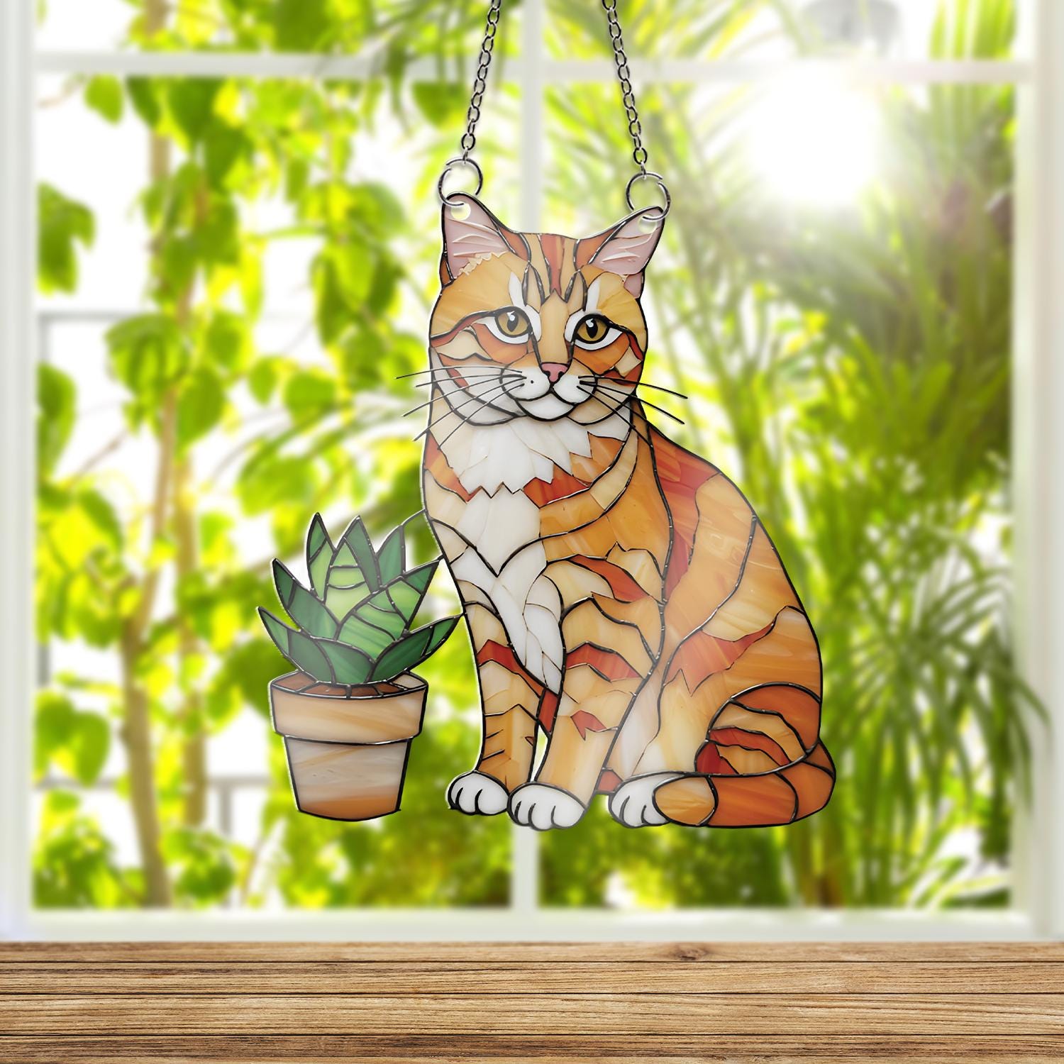 Orange Cat with Succulent Acrylic Window Hanging, Stained Glass Style Decor, Cat Lover Gift, Plant Window Art, Cute Home Accent