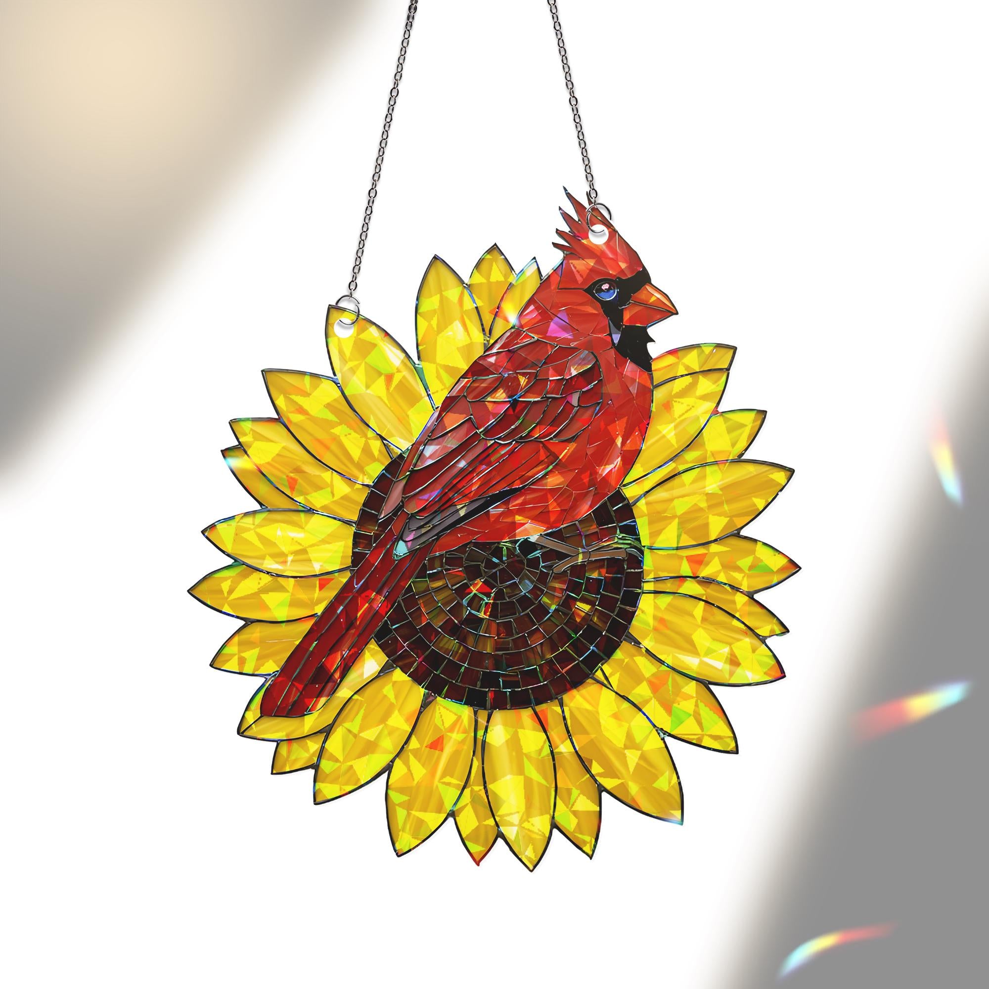 Cardinal and Sunflower Acrylic Hologram Window Hanging, Memorial Gift, Bird Lover Decor, Stained Glass Style Suncatcher, Cardinal Decor