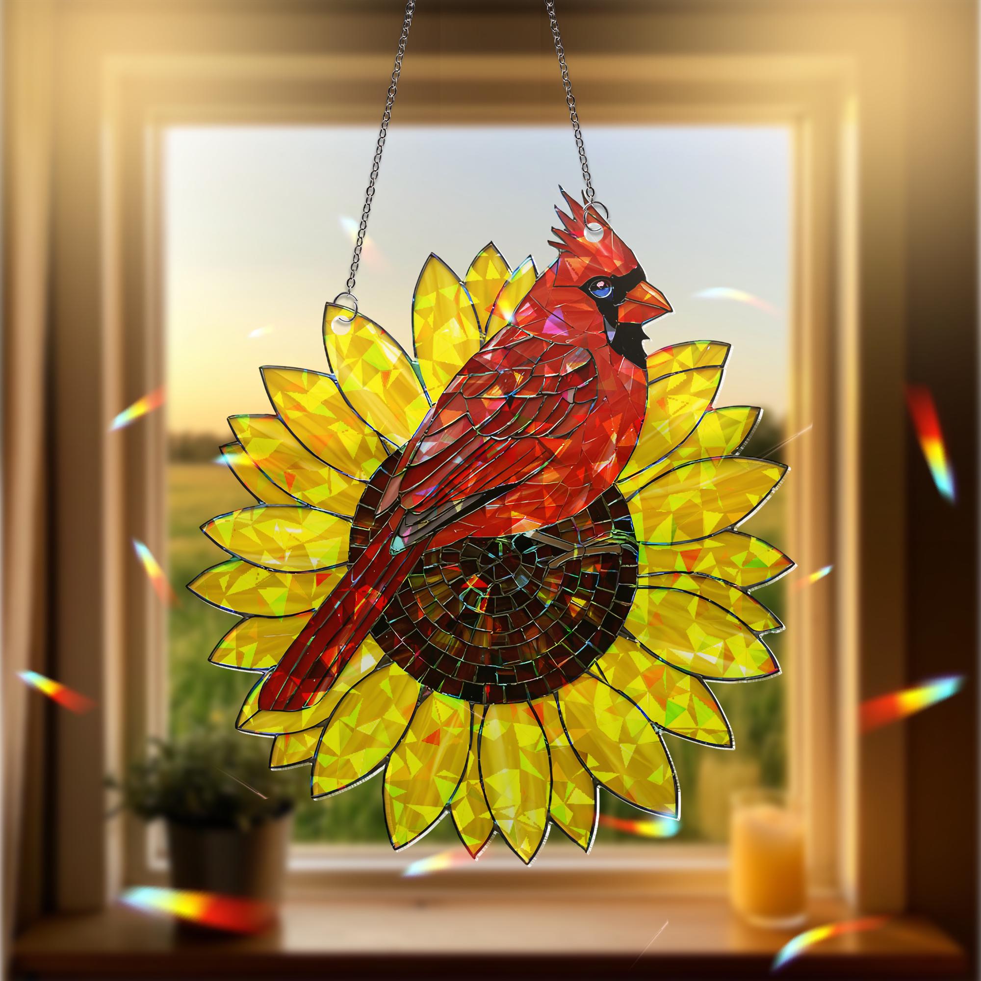 Cardinal and Sunflower Acrylic Hologram Window Hanging, Memorial Gift, Bird Lover Decor, Stained Glass Style Suncatcher, Cardinal Decor