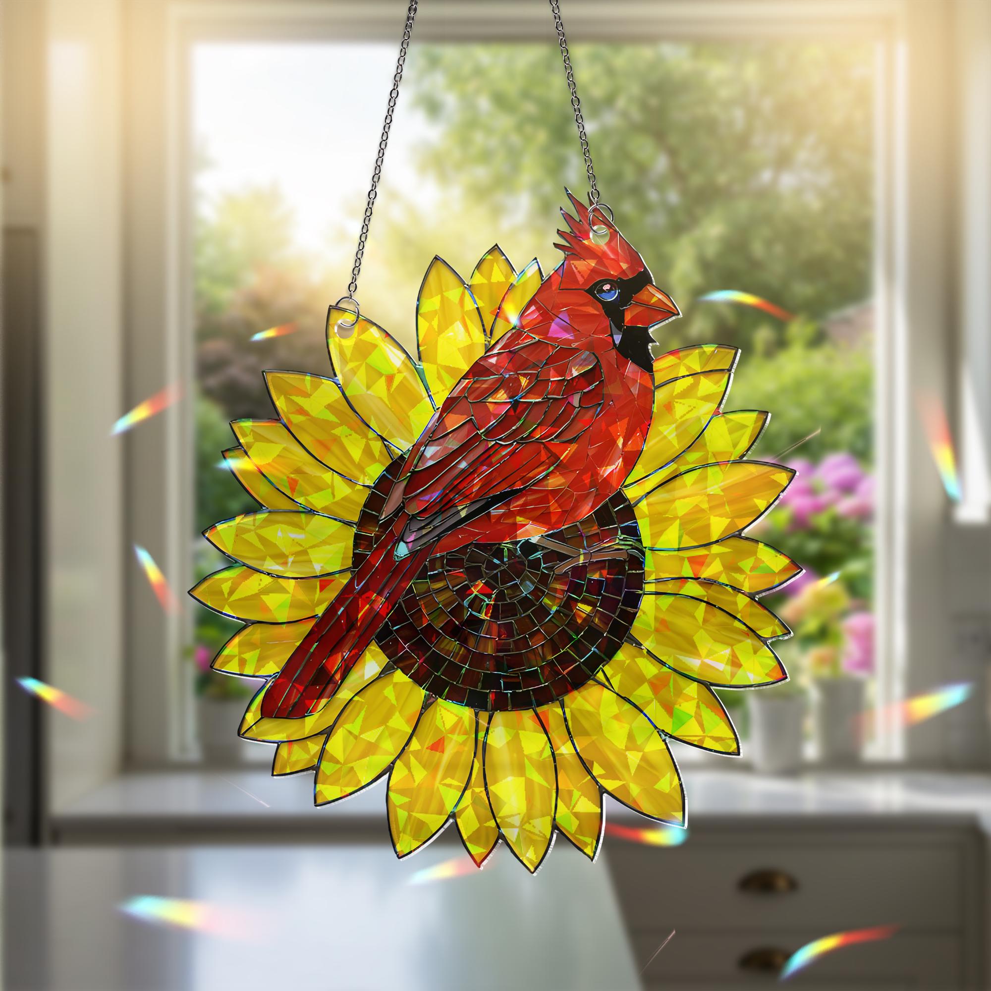 Cardinal and Sunflower Acrylic Hologram Window Hanging, Memorial Gift, Bird Lover Decor, Stained Glass Style Suncatcher, Cardinal Decor