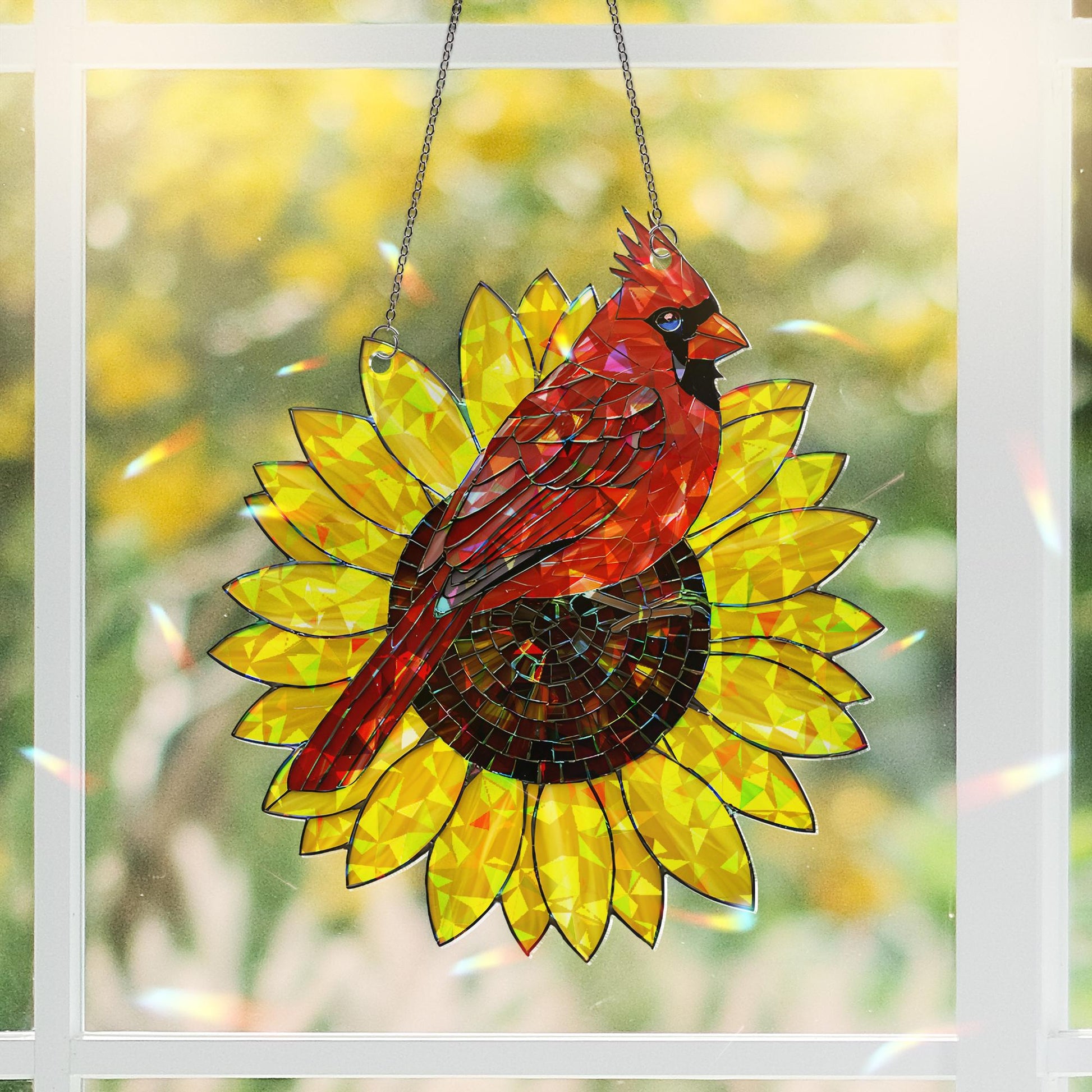 Cardinal and Sunflower Acrylic Hologram Window Hanging, Memorial Gift, Bird Lover Decor, Stained Glass Style Suncatcher, Cardinal Decor