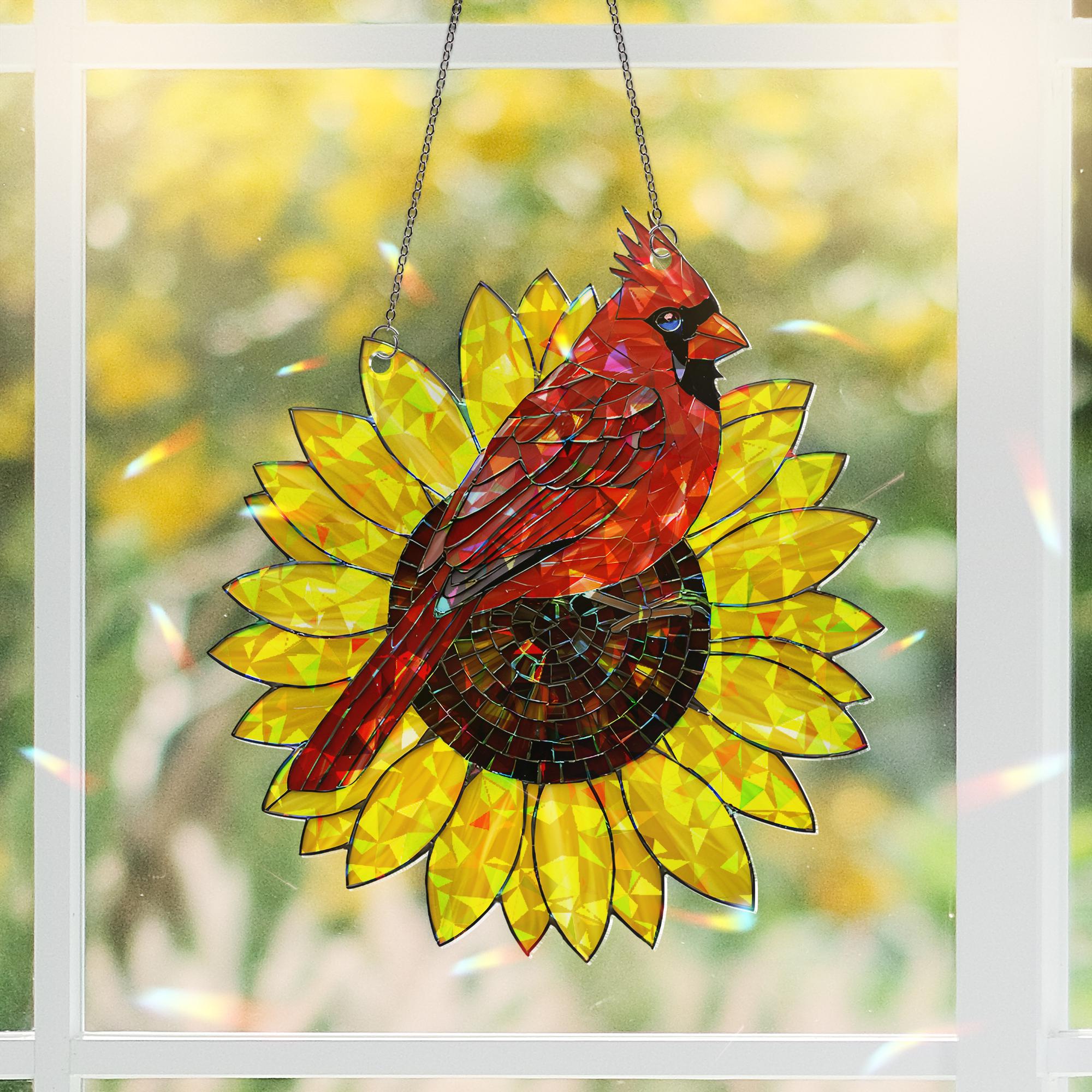 Cardinal and Sunflower Acrylic Hologram Window Hanging, Memorial Gift, Bird Lover Decor, Stained Glass Style Suncatcher, Cardinal Decor