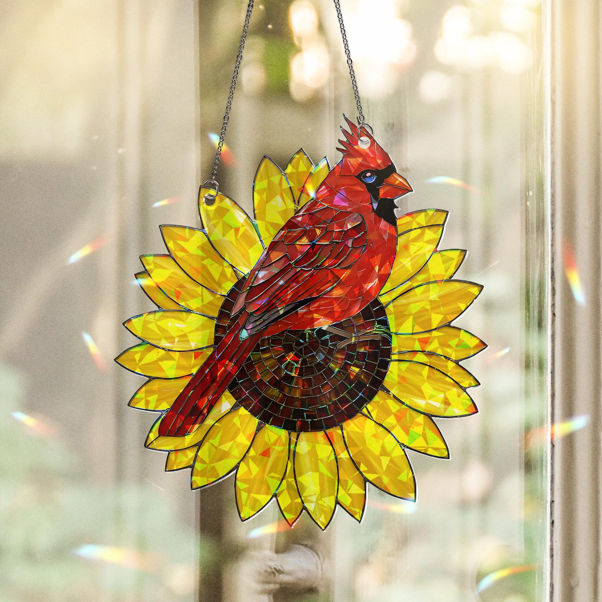 Cardinal and Sunflower Acrylic Hologram Window Hanging, Memorial Gift, Bird Lover Decor, Stained Glass Style Suncatcher, Cardinal Decor