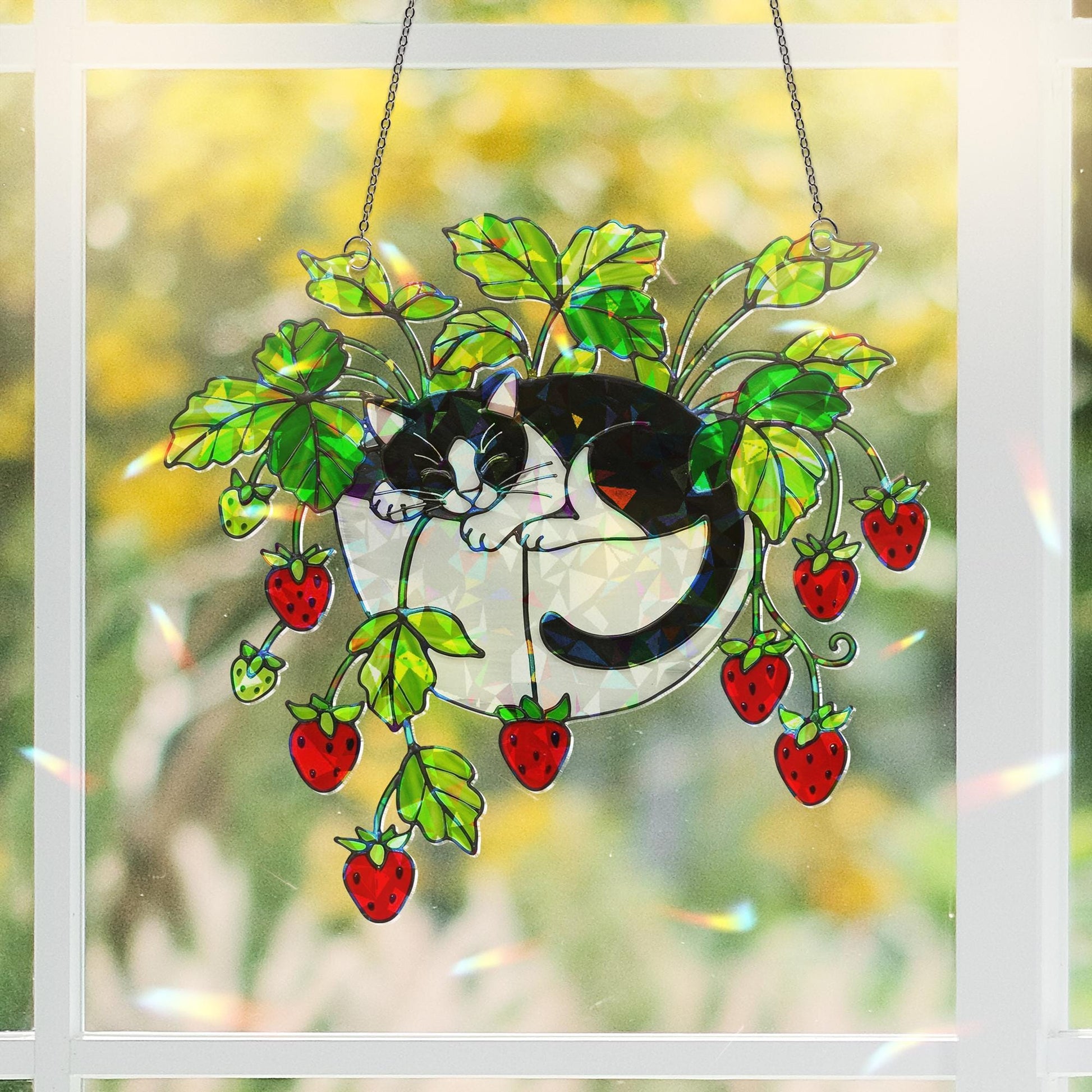 Tuxedo Cat Strawberry Hologram Ornament, Black and White Cat Sleeping in Strawberry Plant Pot ACRYLIC Window Hanging, Garden Decor Cat Lover