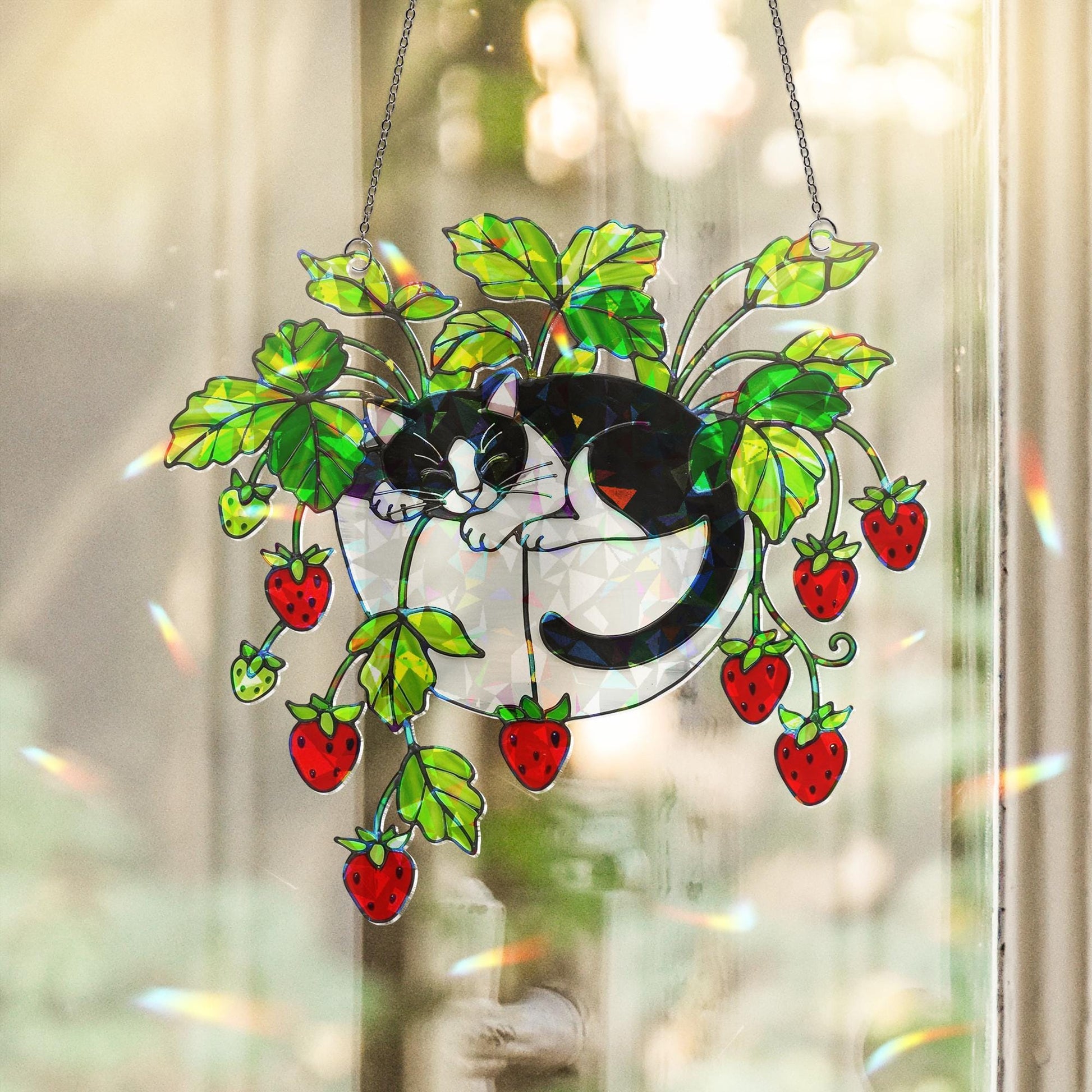 Tuxedo Cat Strawberry Hologram Ornament, Black and White Cat Sleeping in Strawberry Plant Pot ACRYLIC Window Hanging, Garden Decor Cat Lover
