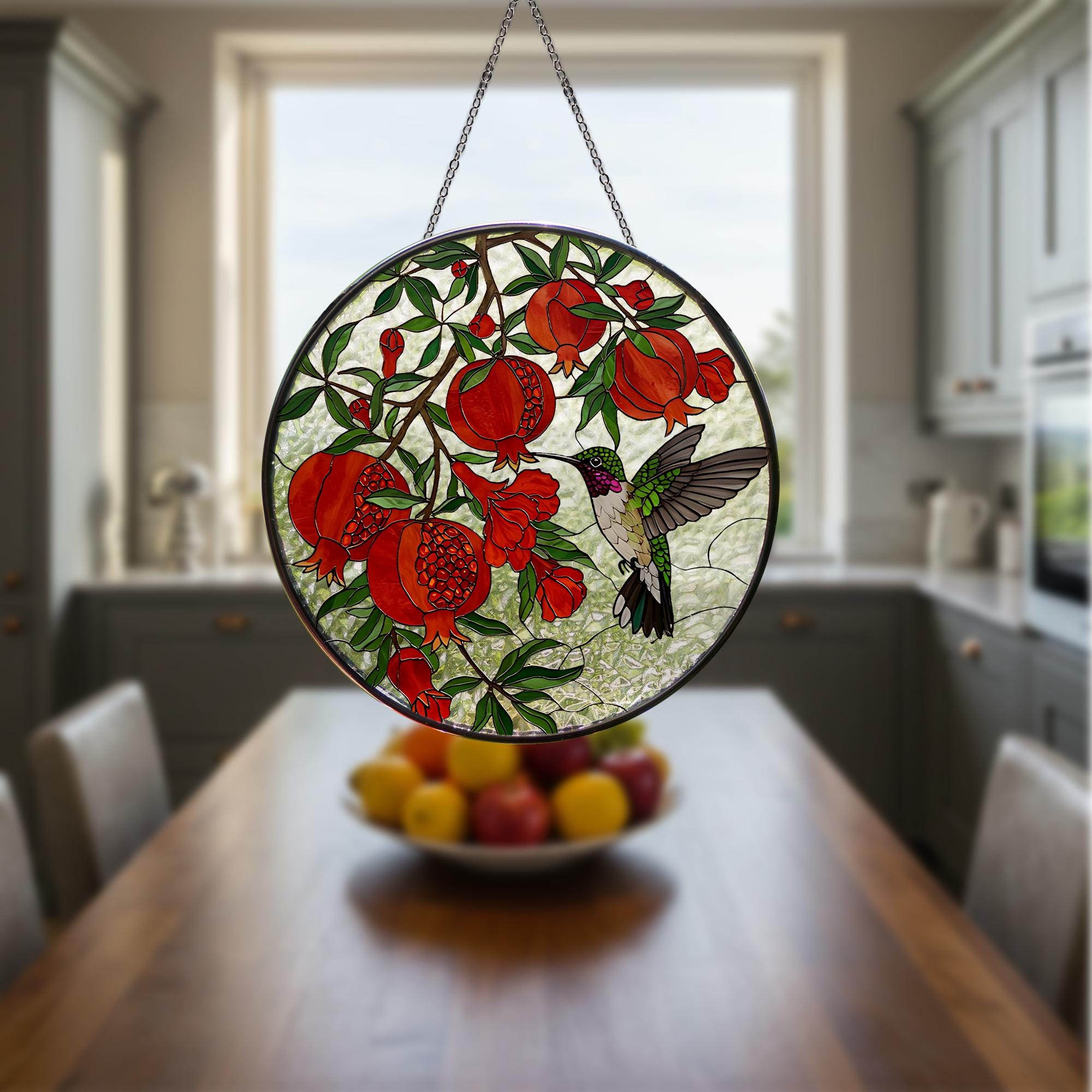 Hummingbird With Pomegranate glass suncatcher, pomegranate stained glass art, gift for mom, hummingbird decor, Mother's Day window hanging