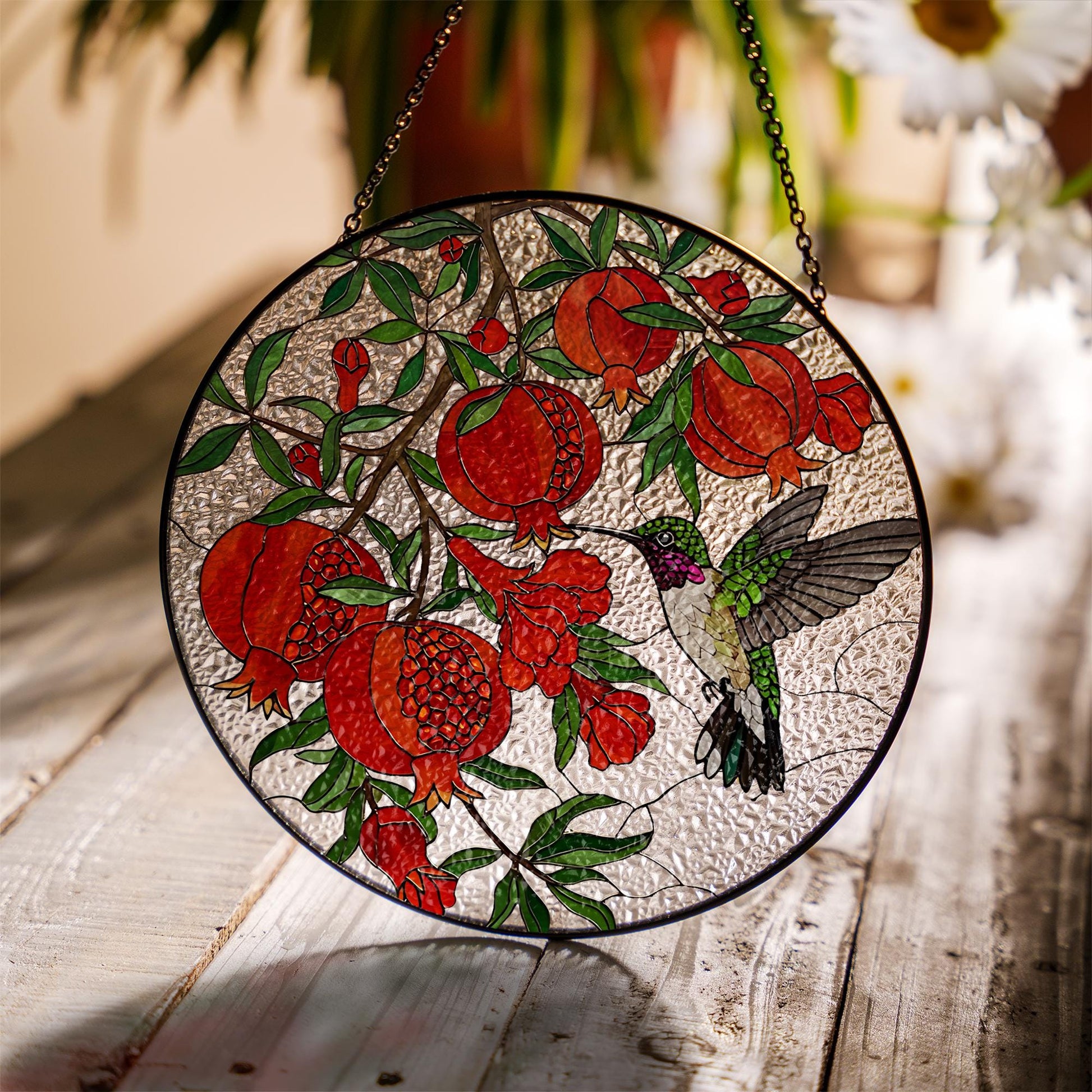 Hummingbird With Pomegranate glass suncatcher, pomegranate stained glass art, gift for mom, hummingbird decor, Mother's Day window hanging