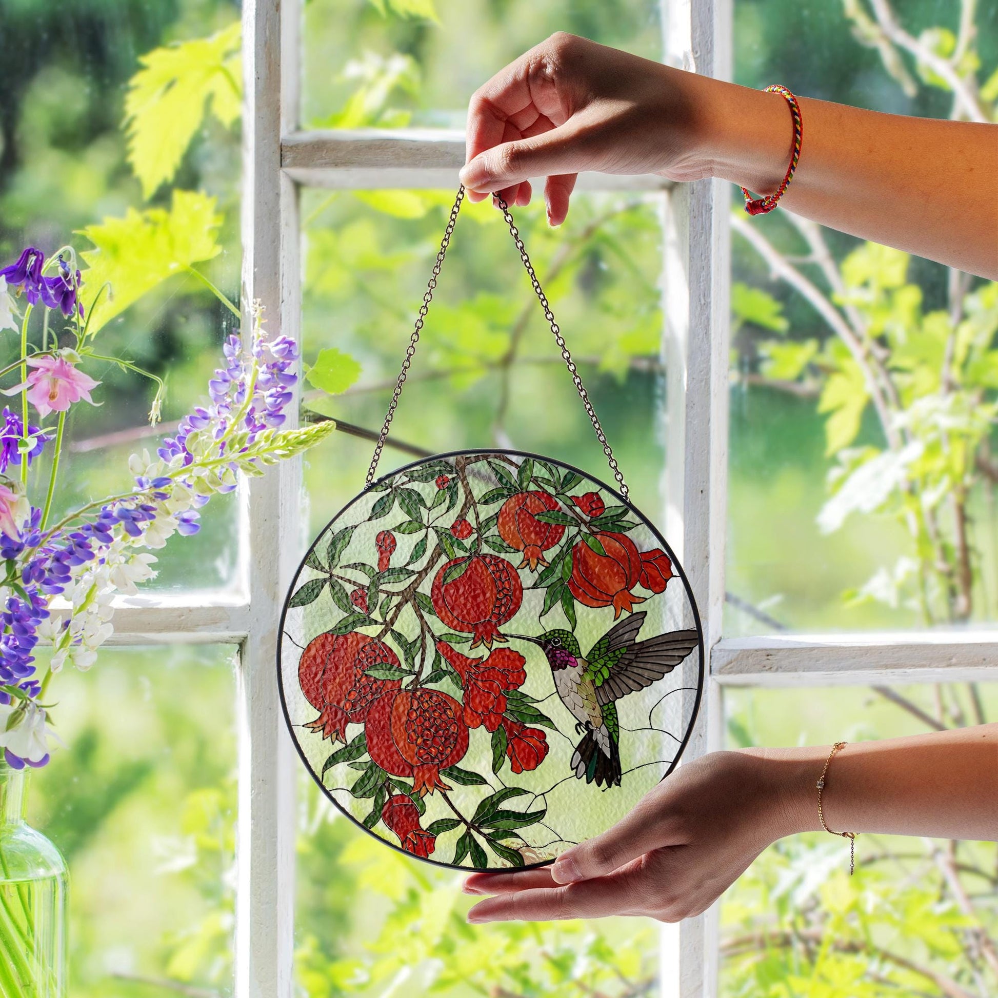 Hummingbird With Pomegranate glass suncatcher, pomegranate stained glass art, gift for mom, hummingbird decor, Mother's Day window hanging