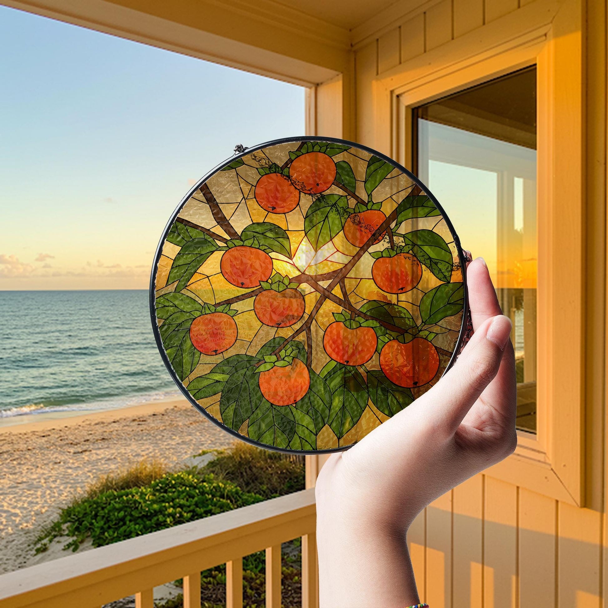 Persimmon glass suncatcher, fruit stained glass art, gift for mom, Mother's Day window decor, nature lover gift, fruit art, kitchen Decor