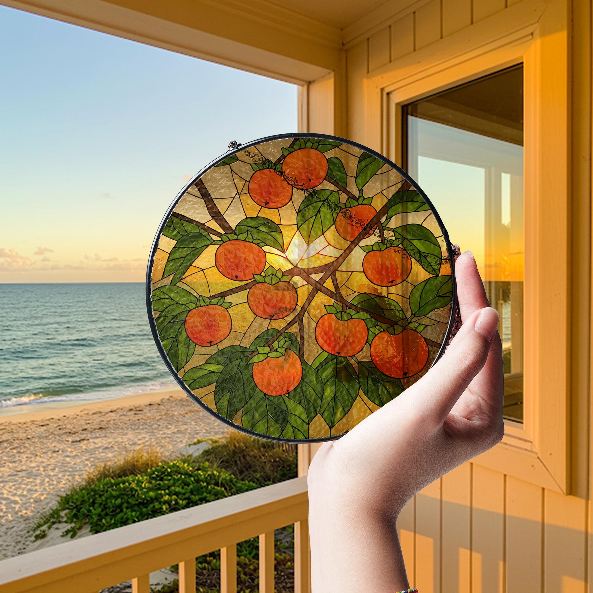 Persimmon glass suncatcher, fruit stained glass art, gift for mom, Mother's Day window decor, nature lover gift, fruit art, kitchen Decor