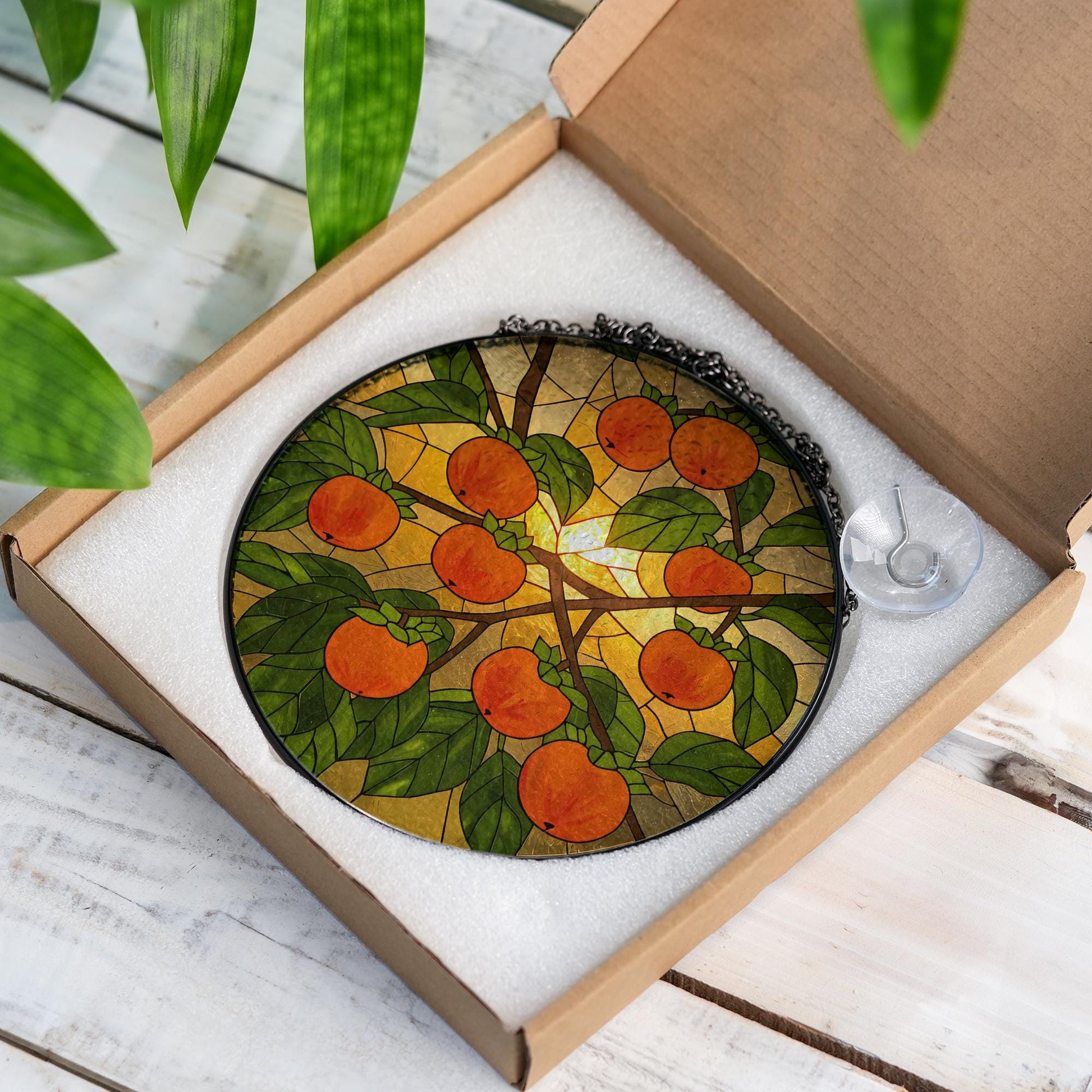 Persimmon glass suncatcher, fruit stained glass art, gift for mom, Mother's Day window decor, nature lover gift, fruit art, kitchen Decor