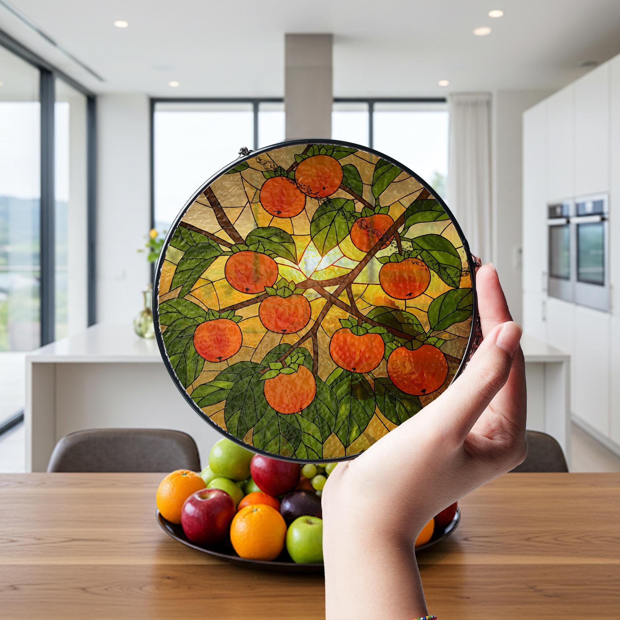 Persimmon glass suncatcher, fruit stained glass art, gift for mom, Mother's Day window decor, nature lover gift, fruit art, kitchen Decor