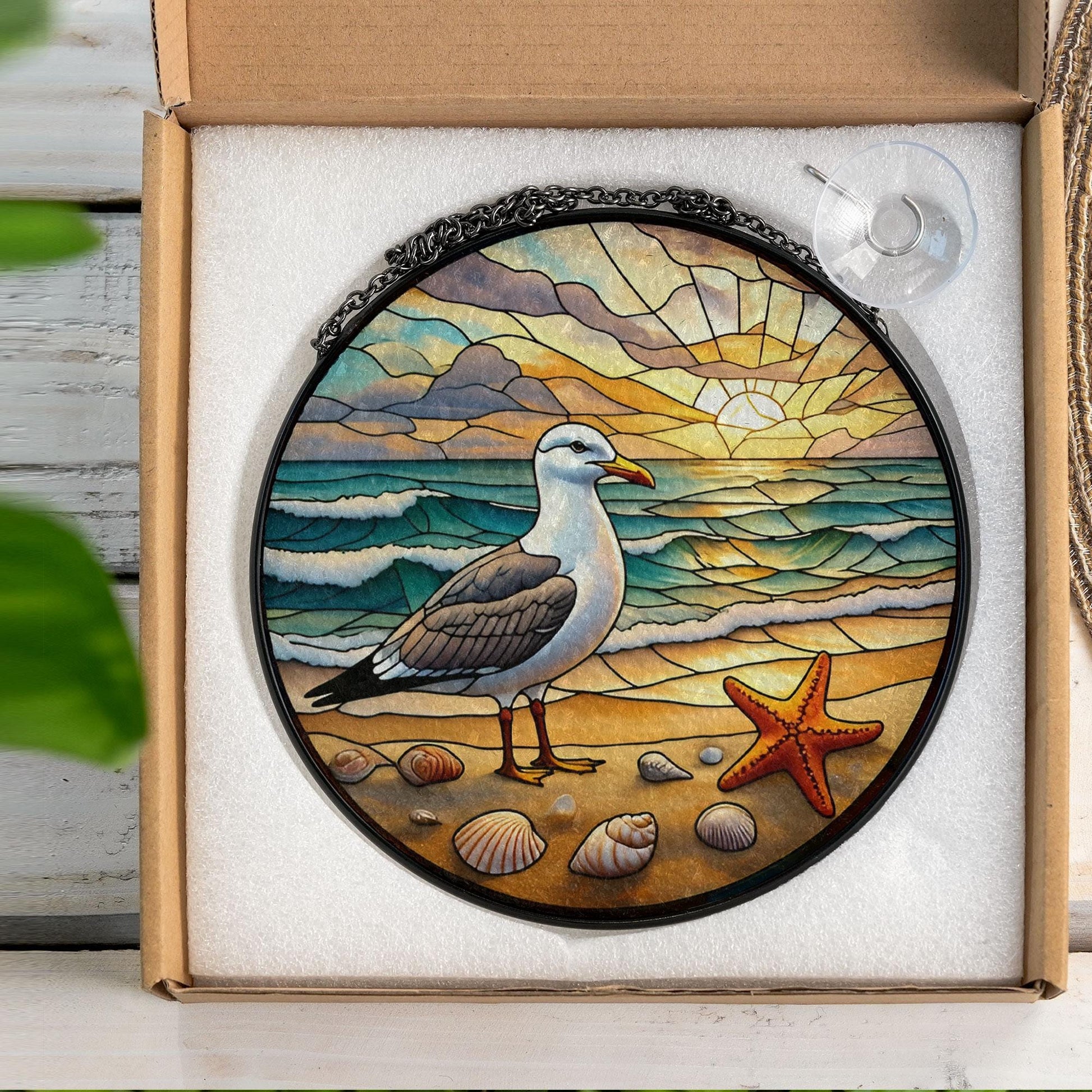 Coastal Seagull Beach Sunset Glass Suncatcher – Ocean Window Decor, Stained Glass Seagull Art, Beach House Gift, Mother's Day Decor