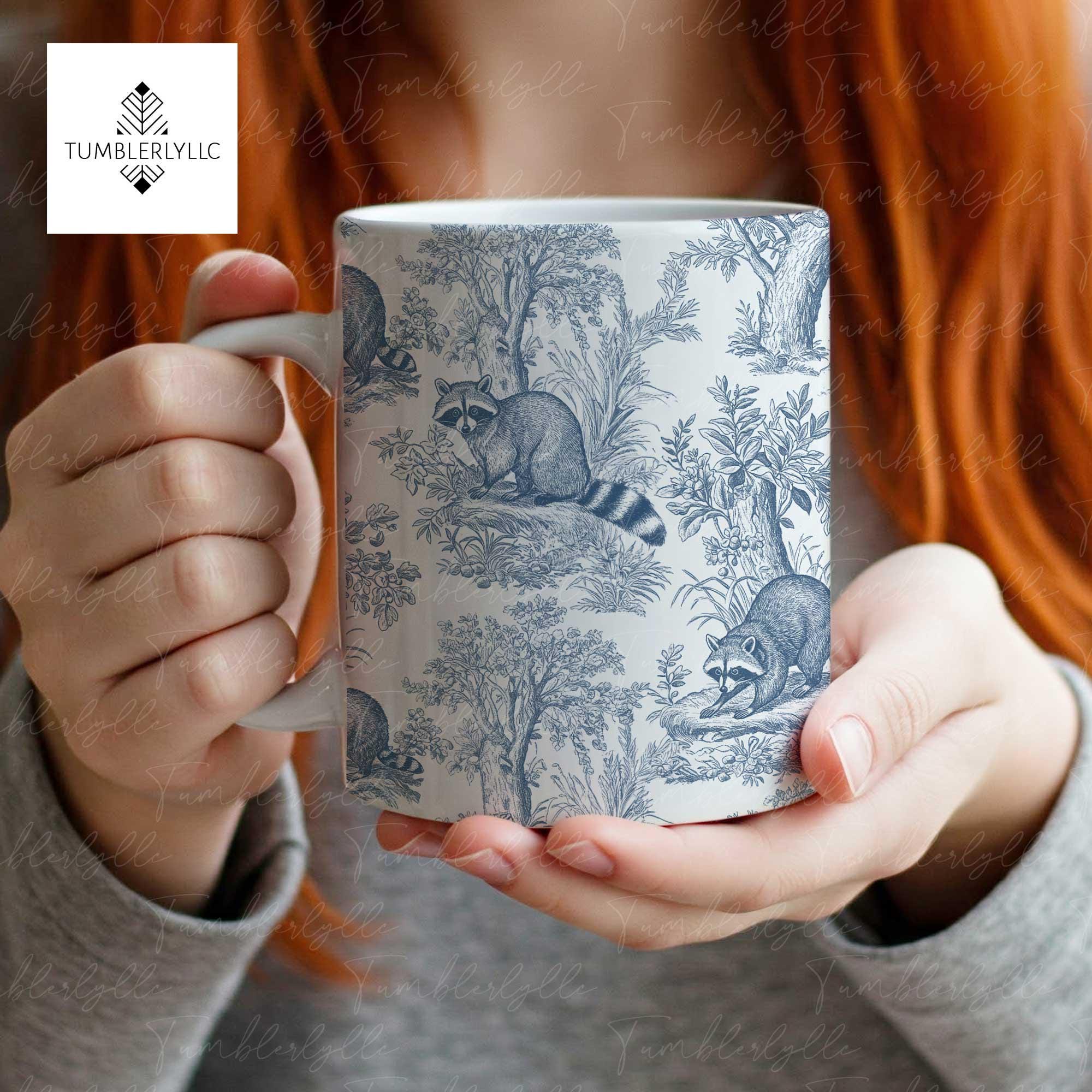 Raccoon Toile de Jouy Mug – Blue French Country Coffee Cup for Raccoon Lovers, Cottagecore Tea Gift, Wildlife Animal Drinkware