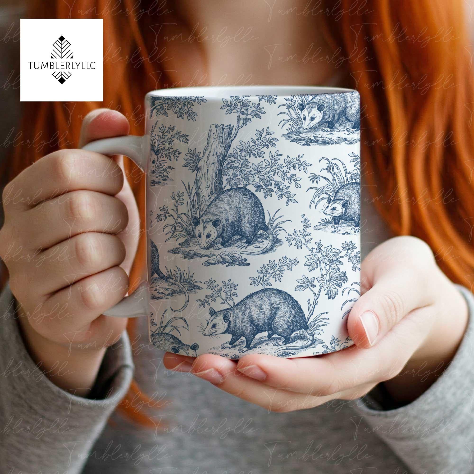 Opossum Toile de Jouy Mug – Blue French Coffee Cup for Possum Lovers, Funny Wildlife Tea Mug Gift, Cottagecore Drinkware
