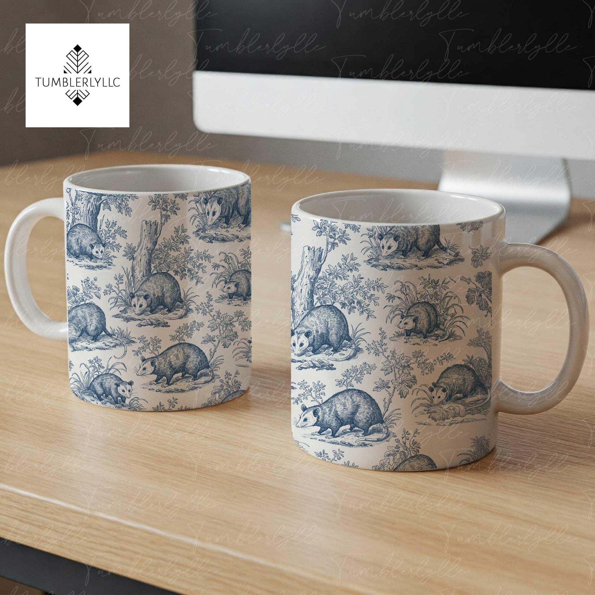 Opossum Toile de Jouy Mug – Blue French Coffee Cup for Possum Lovers, Funny Wildlife Tea Mug Gift, Cottagecore Drinkware