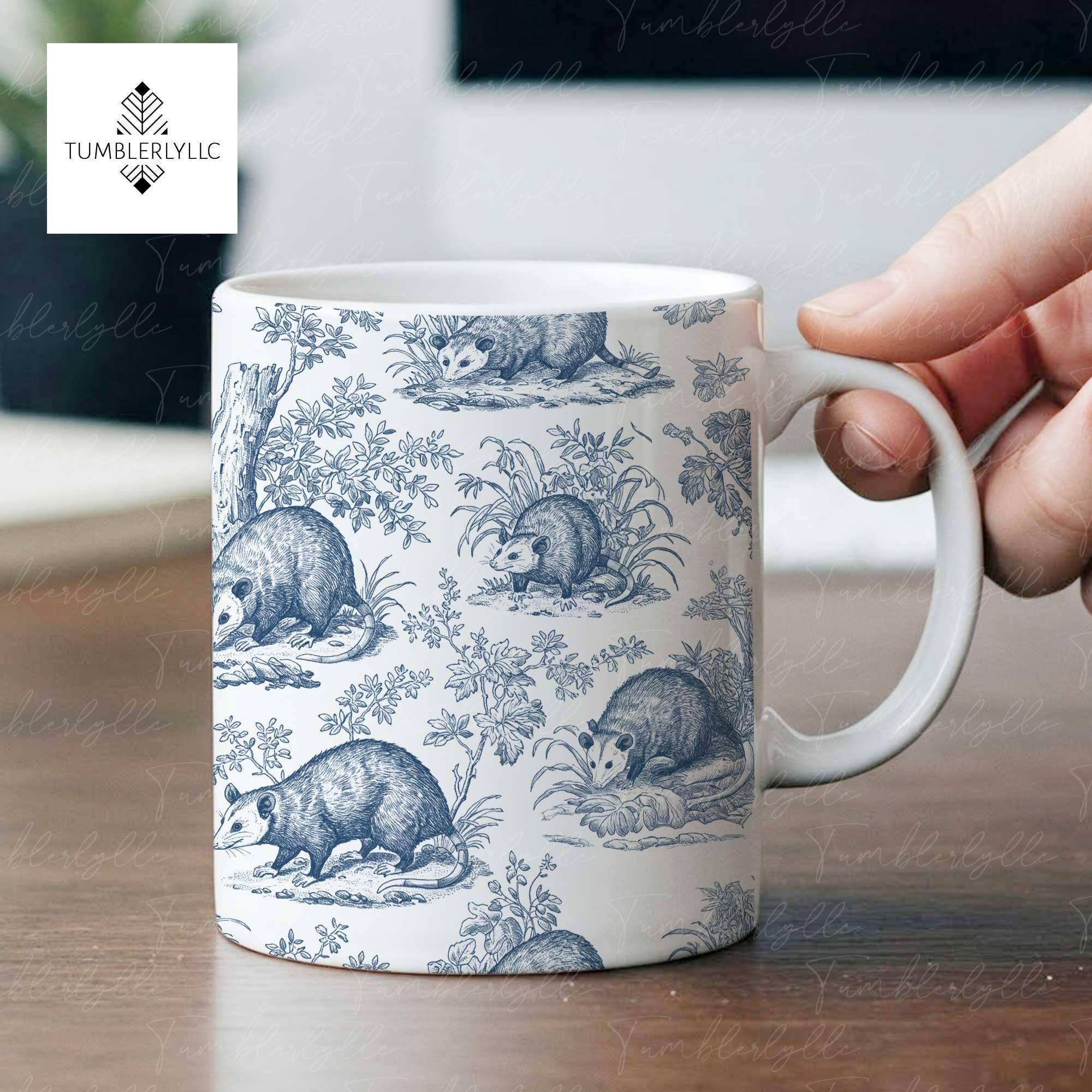Opossum Toile de Jouy Mug – Blue French Coffee Cup for Possum Lovers, Funny Wildlife Tea Mug Gift, Cottagecore Drinkware