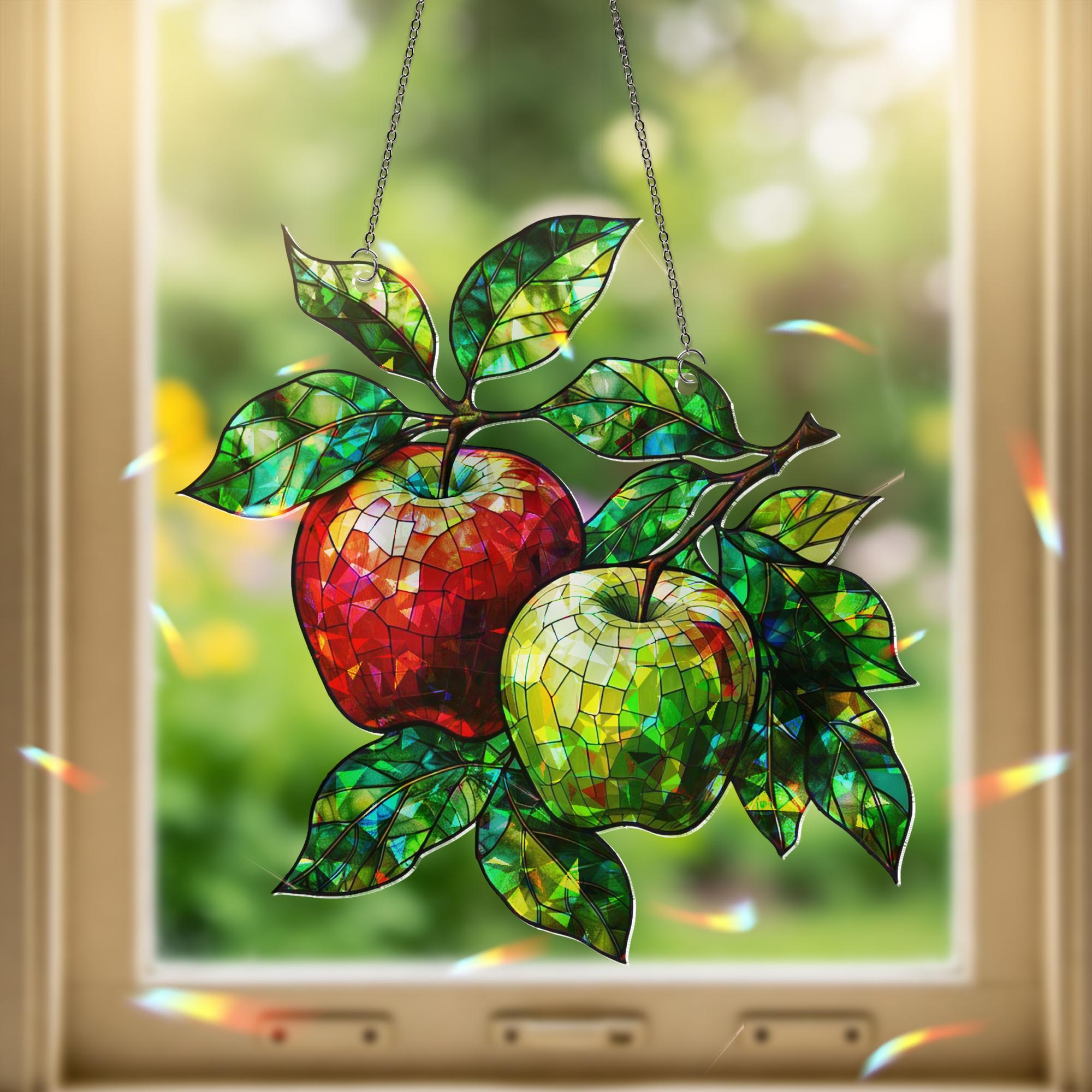 Red and Green Apple Hologram Acrylic Window Hanging – Vibrant Fruit Decor for Kitchen or Sunroom, Farmhouse Decor, Fruit For Kitchen