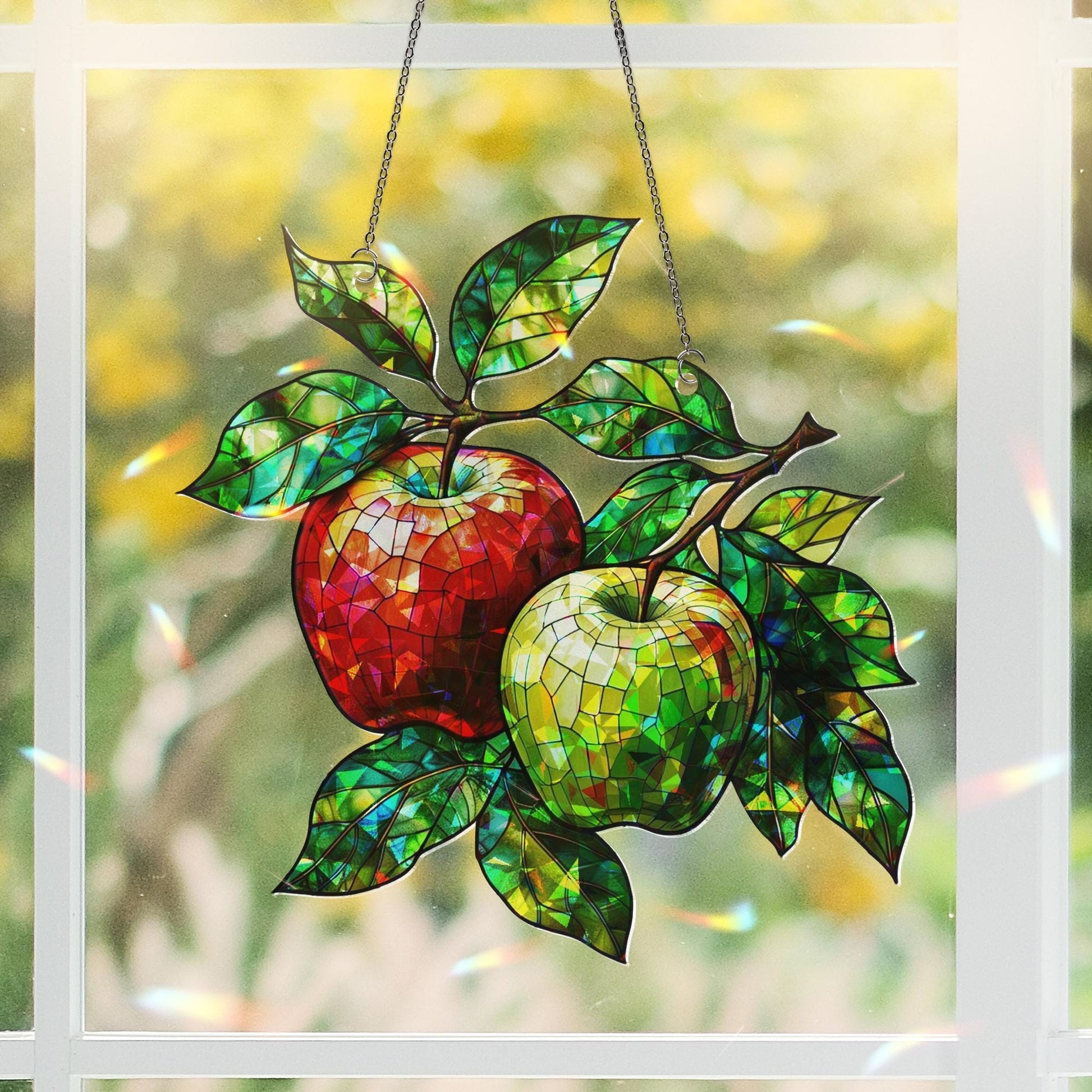 Red and Green Apple Hologram Acrylic Window Hanging – Vibrant Fruit Decor for Kitchen or Sunroom, Farmhouse Decor, Fruit For Kitchen