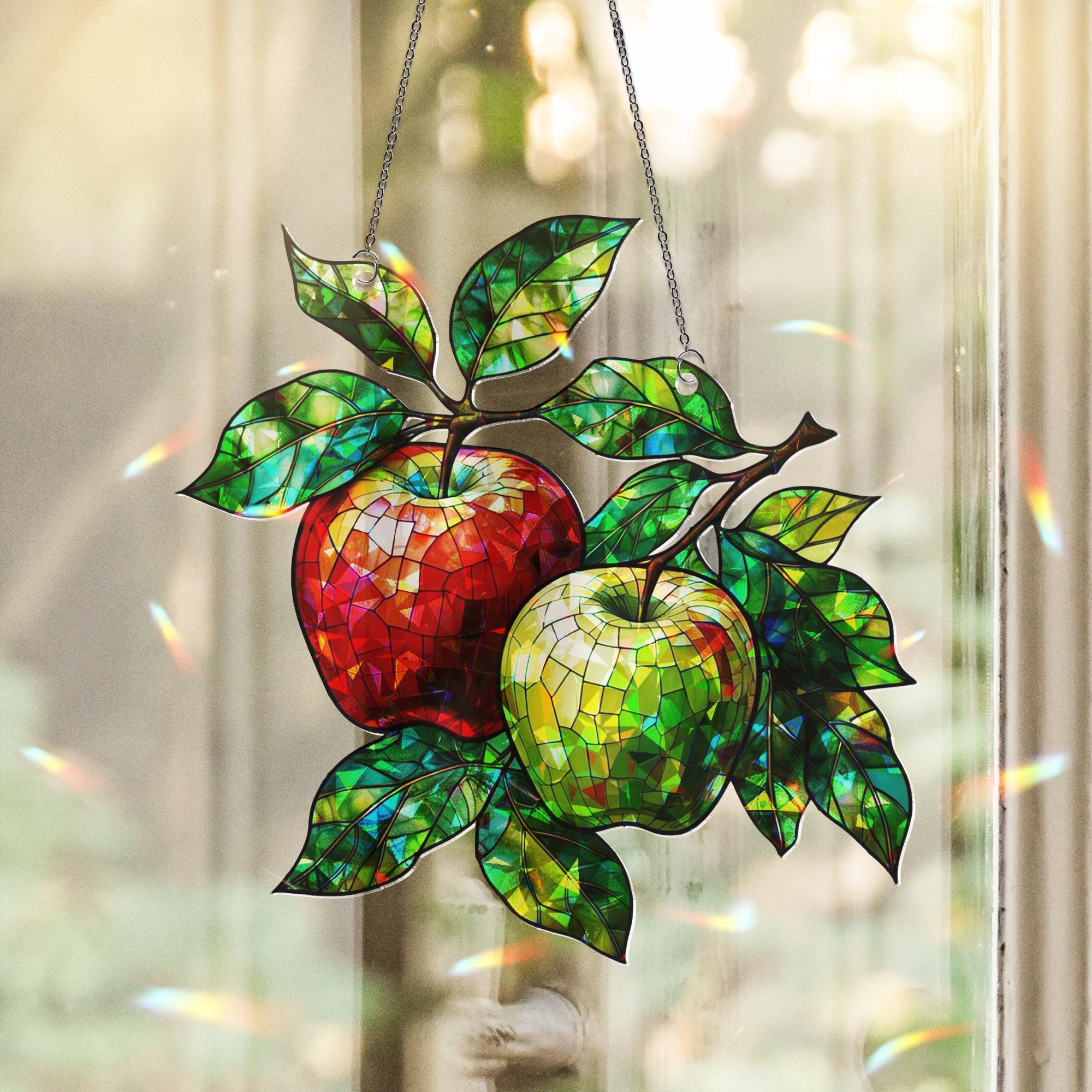 Red and Green Apple Hologram Acrylic Window Hanging – Vibrant Fruit Decor for Kitchen or Sunroom, Farmhouse Decor, Fruit For Kitchen