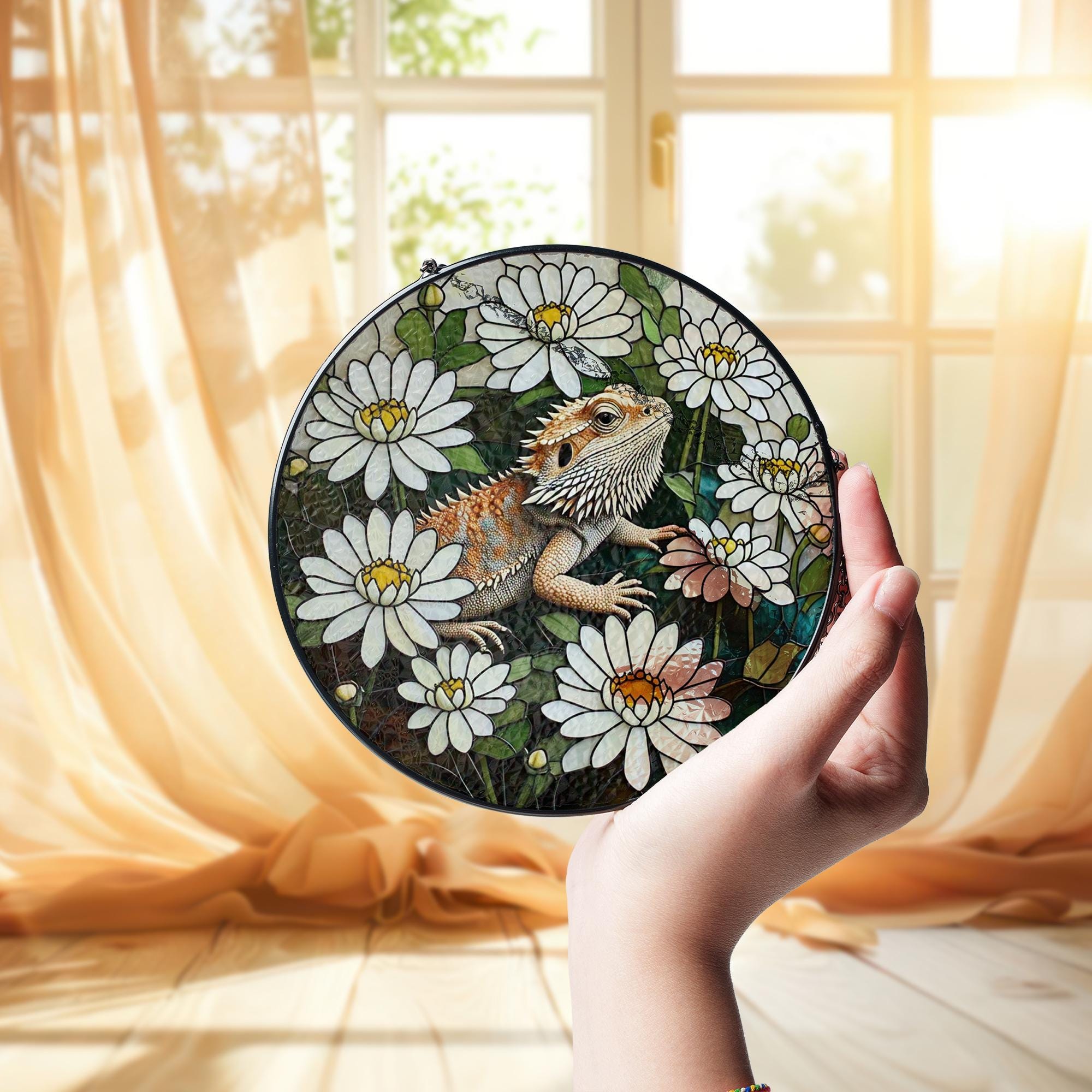 Bearded Dragon Daisy Floral Glass Suncatcher, Lizard Lover Window Hanging, Reptile Art Decor, Unique Handmade Gift Idea, Pet Memorial Gift