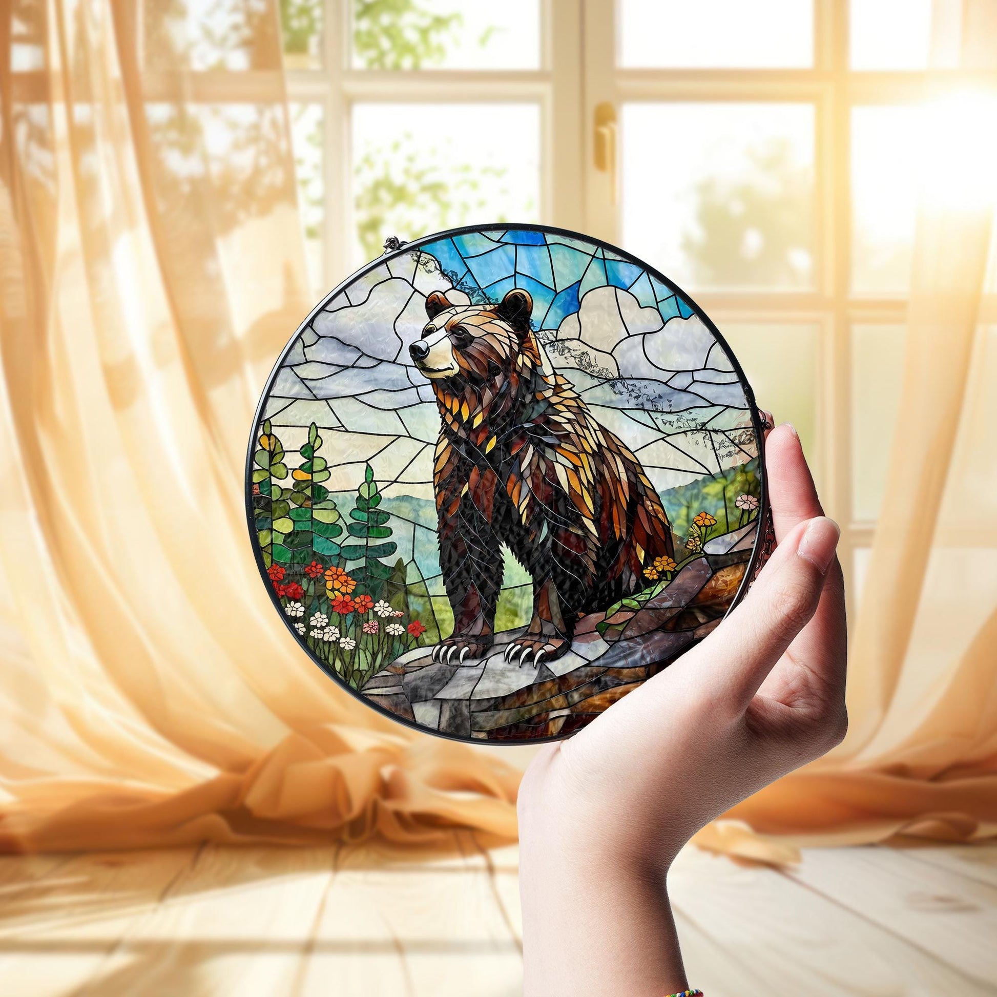 Grizzly Bear Glass Suncatcher – Rustic Wildlife Mountain Scene Suncatcher, Nature-Inspired Cabin Decor, Forest Animal Art Gift