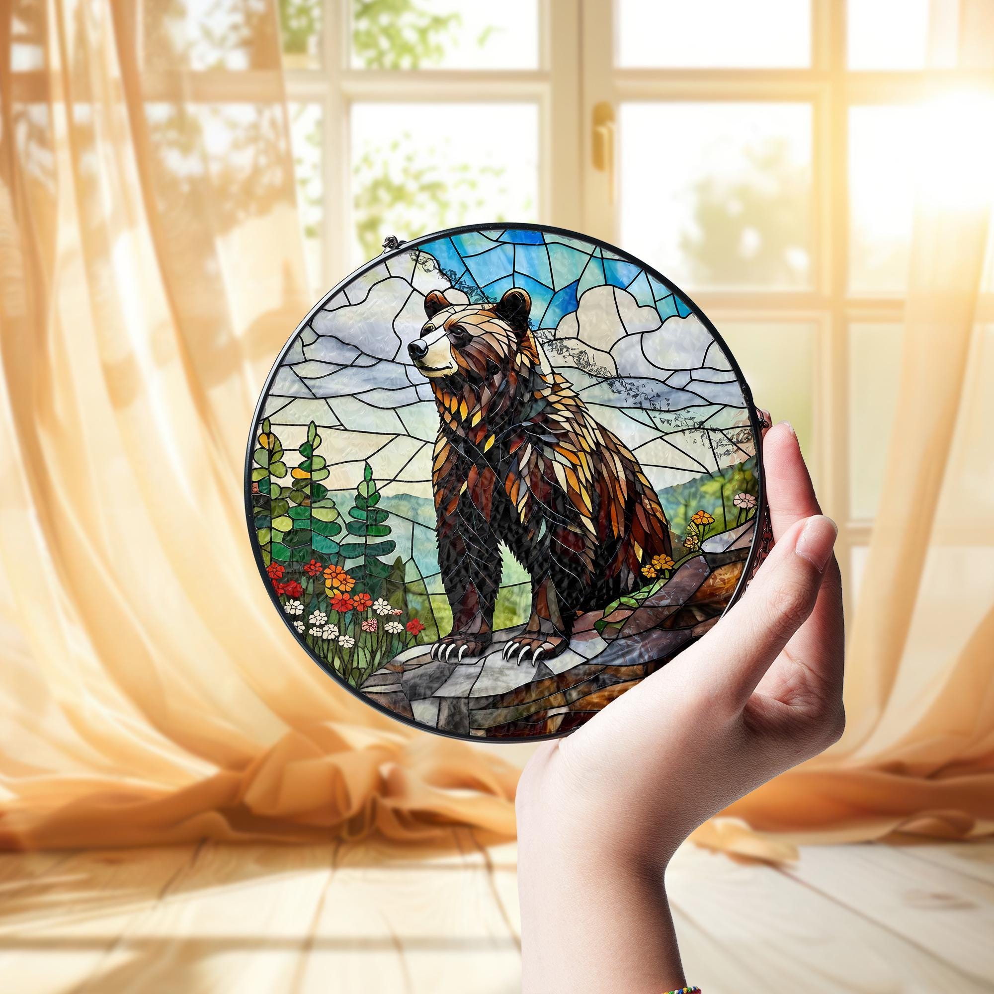 Grizzly Bear Glass Suncatcher – Rustic Wildlife Mountain Scene Suncatcher, Nature-Inspired Cabin Decor, Forest Animal Art Gift