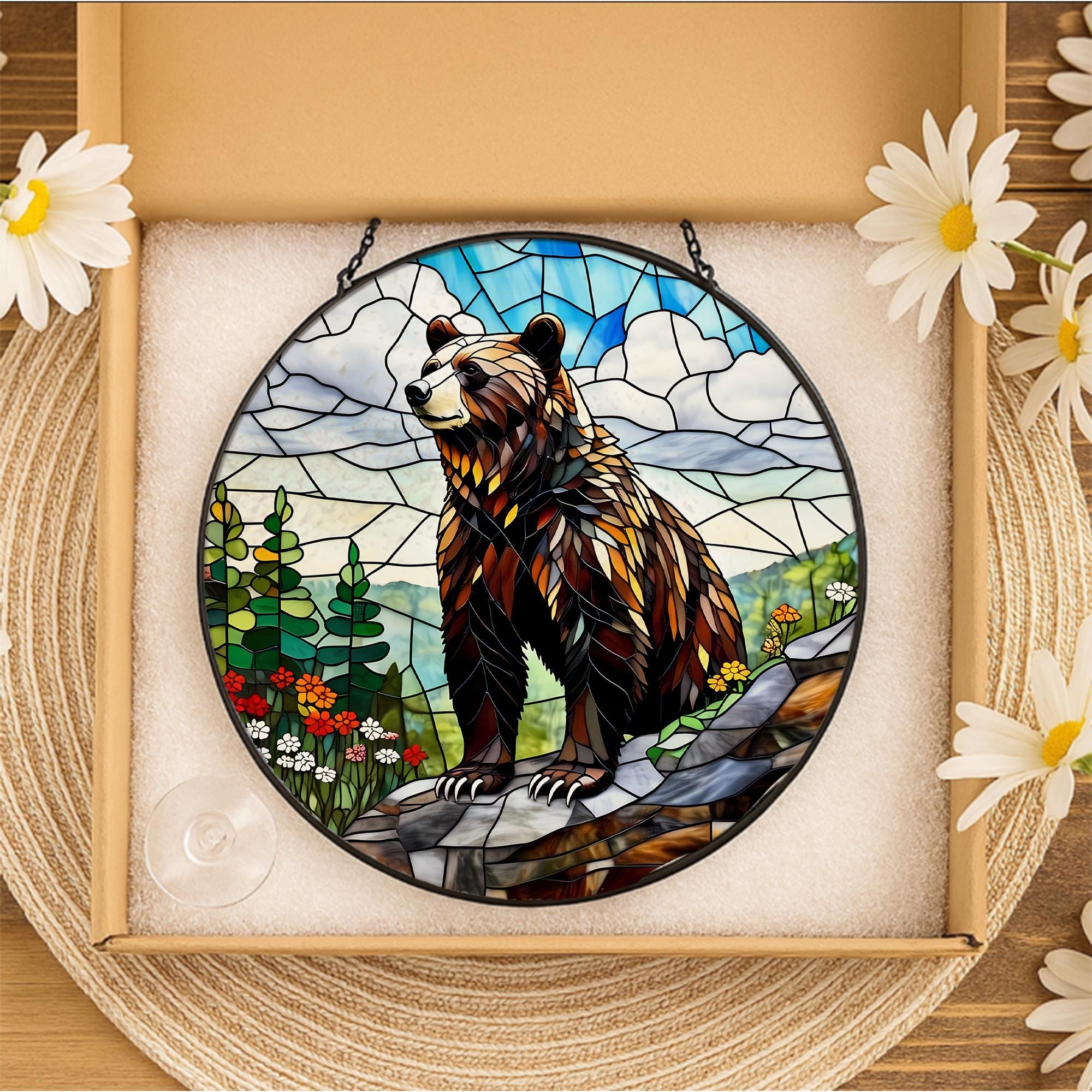 Grizzly Bear Glass Suncatcher – Rustic Wildlife Mountain Scene Suncatcher, Nature-Inspired Cabin Decor, Forest Animal Art Gift