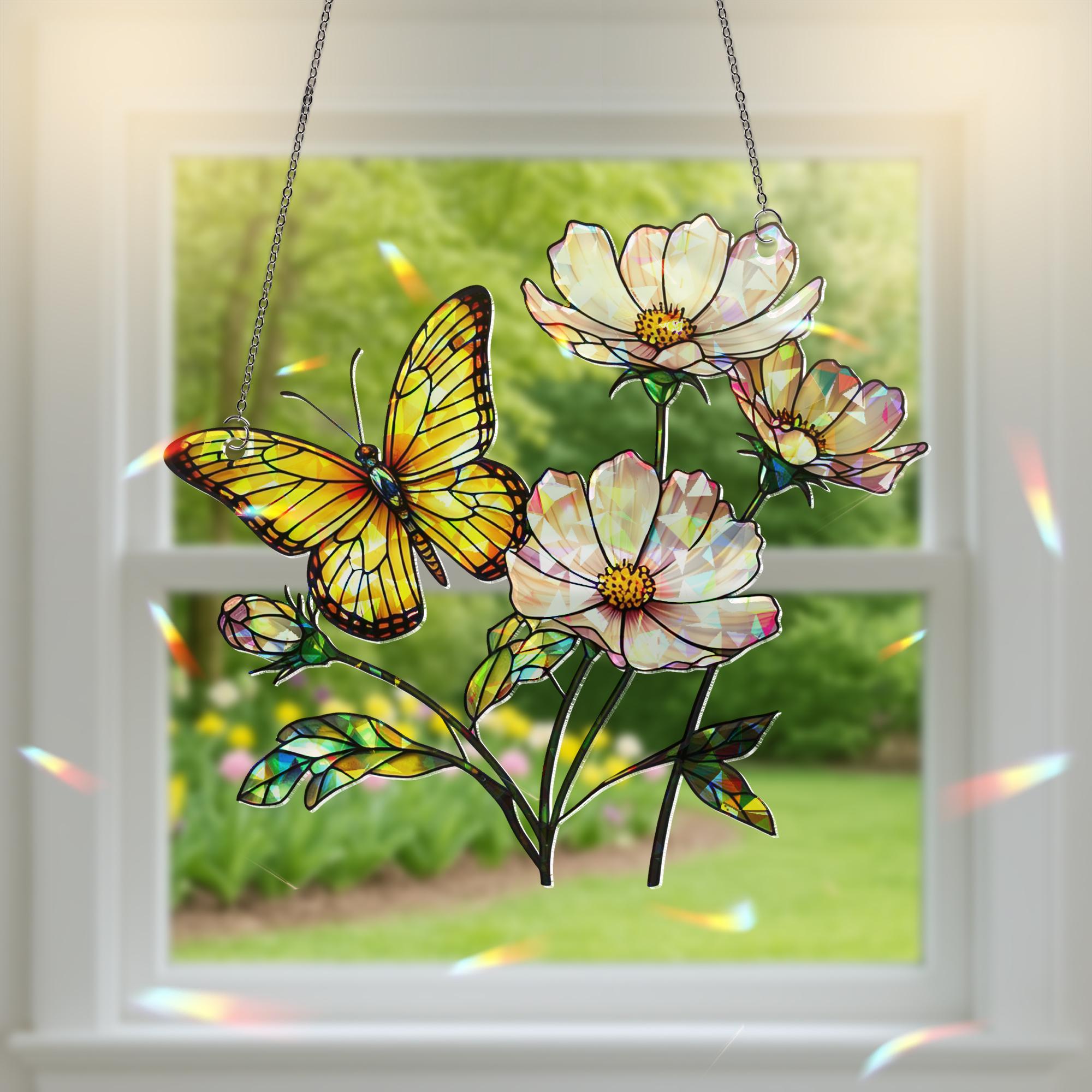 Butterfly and Flowers Hologram Acrylic Window Hanging – Colorful Nature Window Hanging, Spring Garden Decor, Gift For Mom