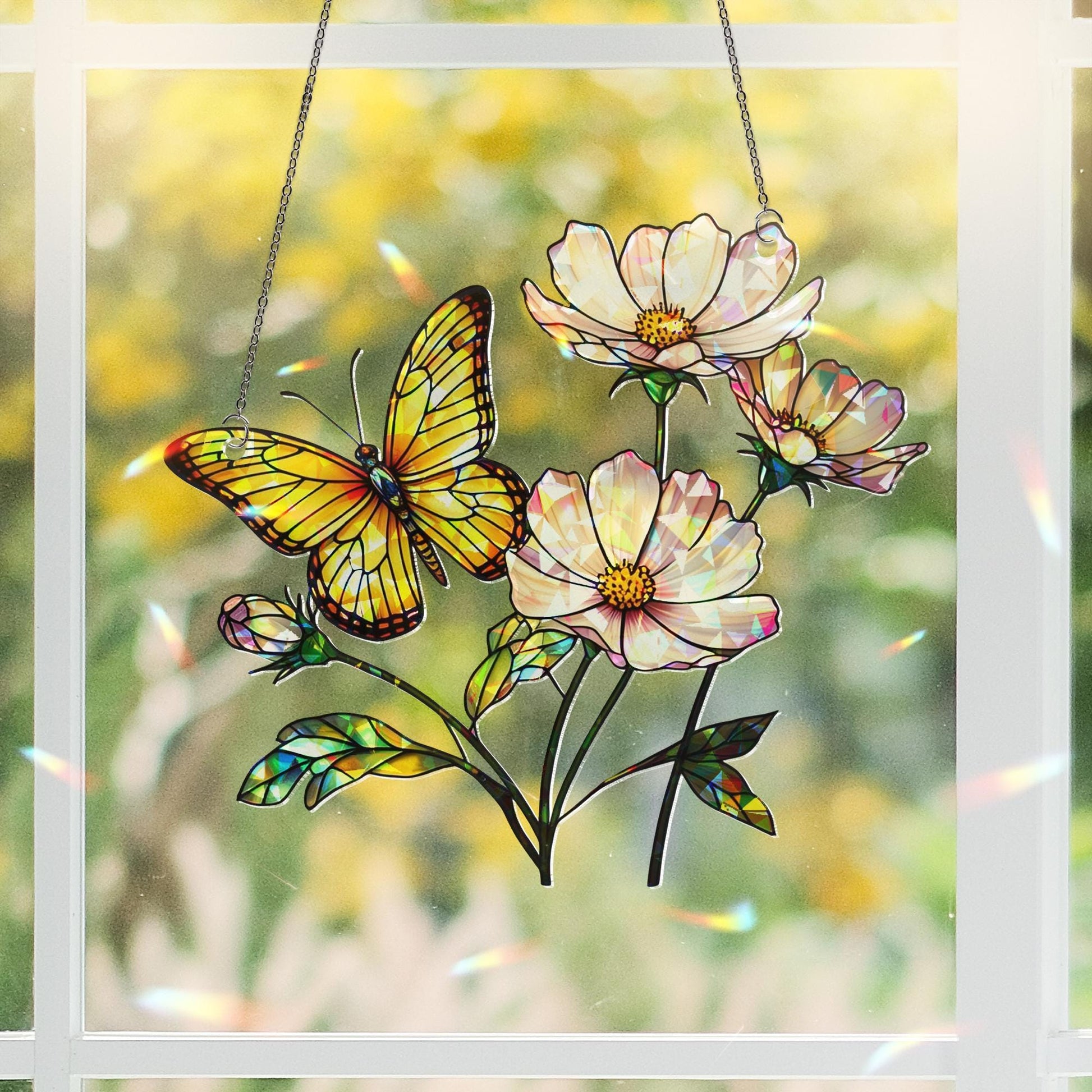 Butterfly and Flowers Hologram Acrylic Window Hanging – Colorful Nature Window Hanging, Spring Garden Decor, Gift For Mom