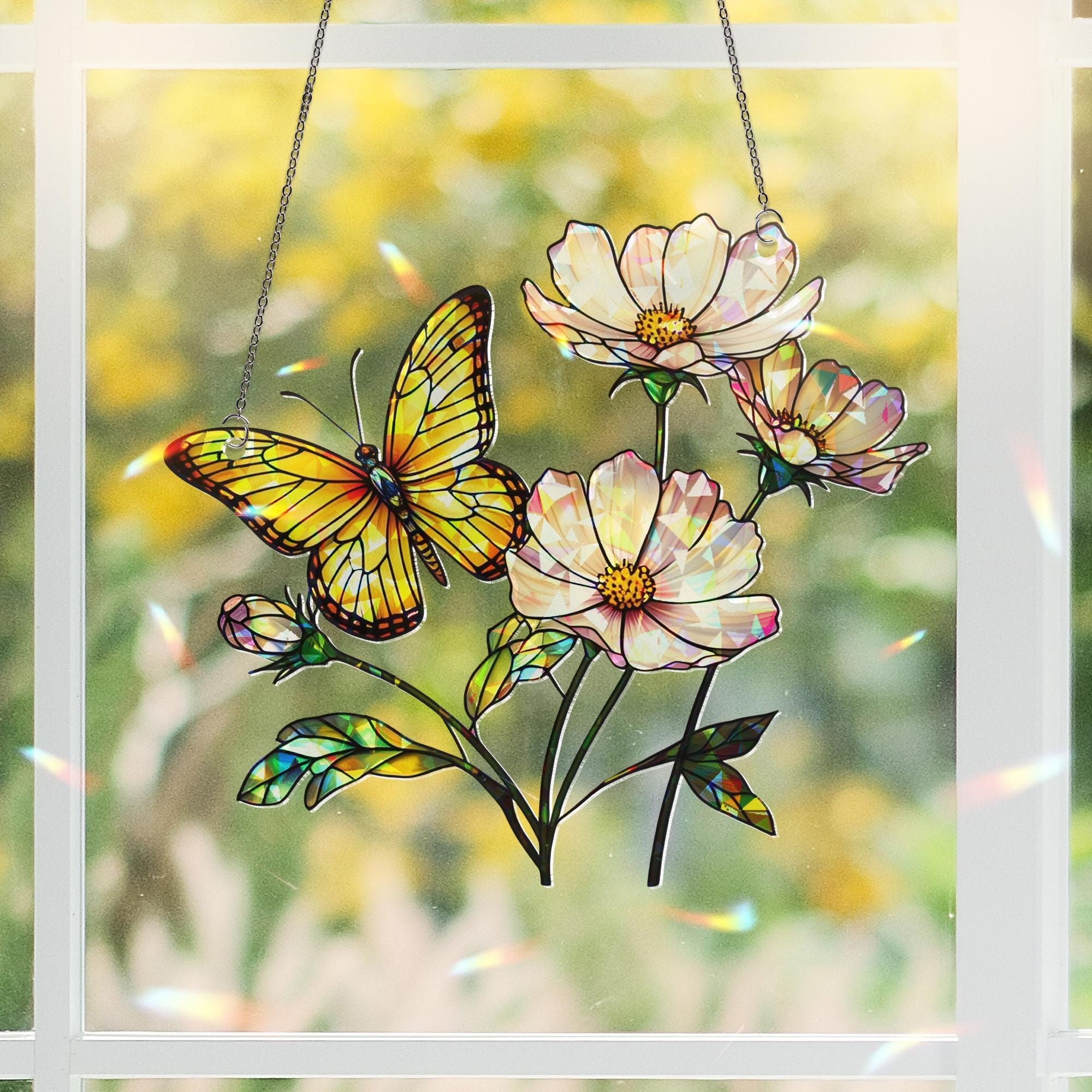 Butterfly and Flowers Hologram Acrylic Window Hanging – Colorful Nature Window Hanging, Spring Garden Decor, Gift For Mom