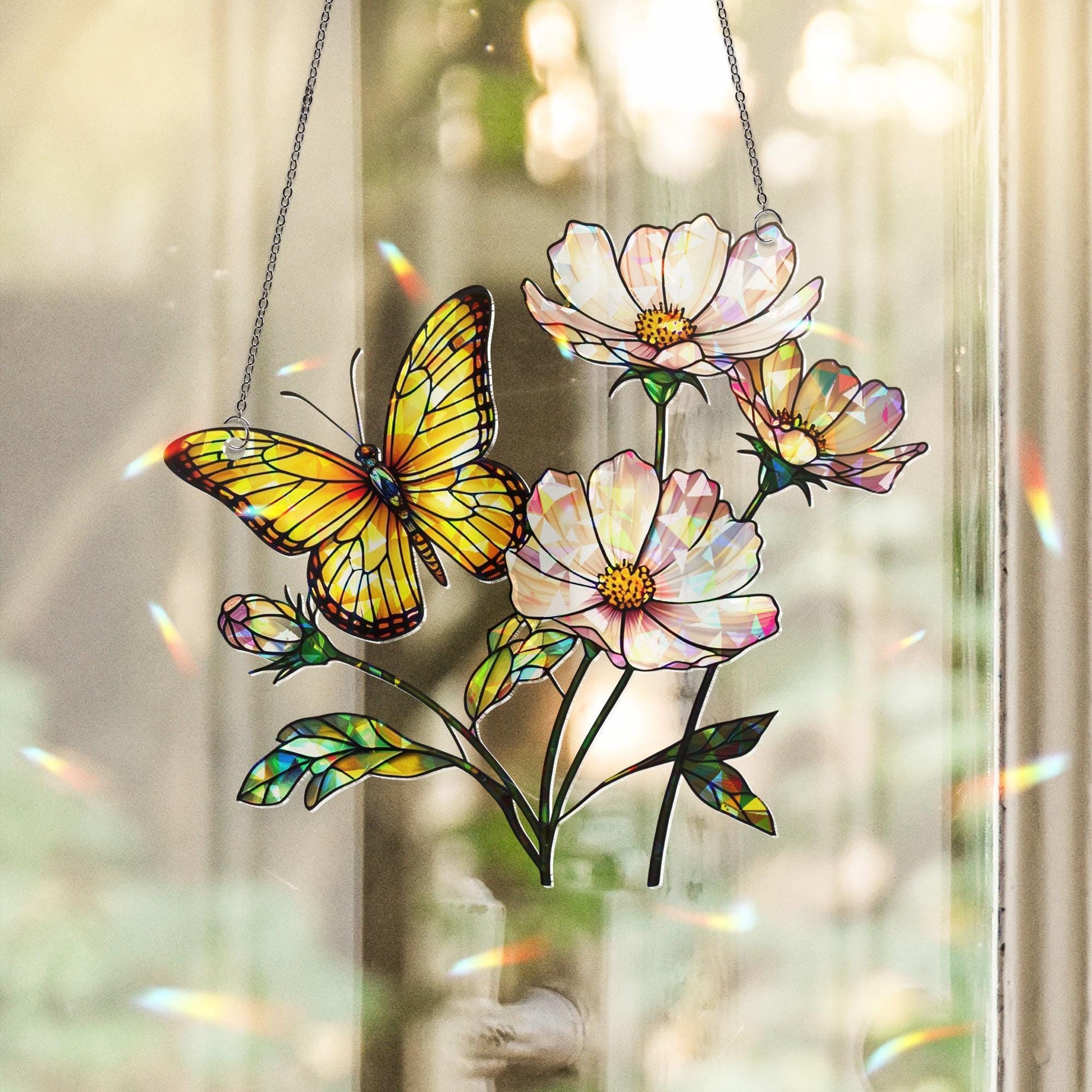 Butterfly and Flowers Hologram Acrylic Window Hanging – Colorful Nature Window Hanging, Spring Garden Decor, Gift For Mom