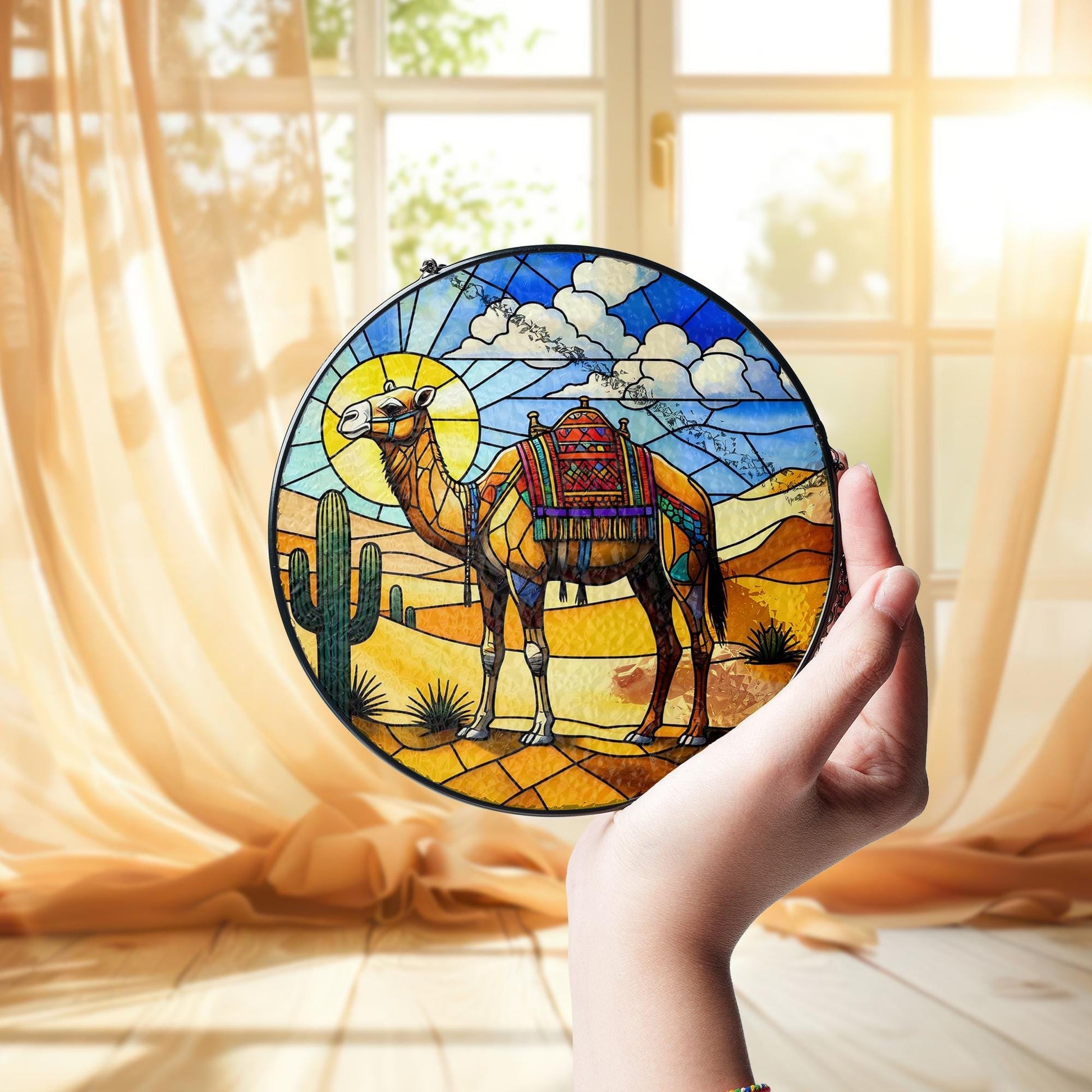 Desert Camel Glass Suncatcher – Southwestern Decor, Boho Sun Catcher, Camel Art Gift, Desert Animal Art, Desert Decor