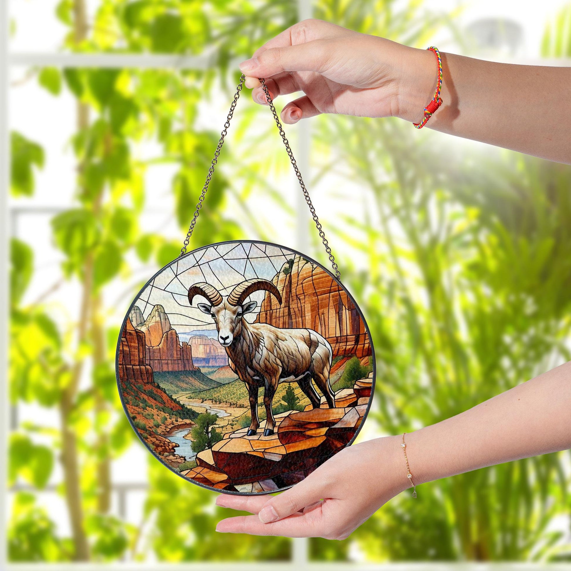 Desert Ram Glass Suncatcher – Stained Glass Style Bighorn Sheep Window Hanging, Rustic Wildlife Decor, Mountain Cabin Wall Art Gift