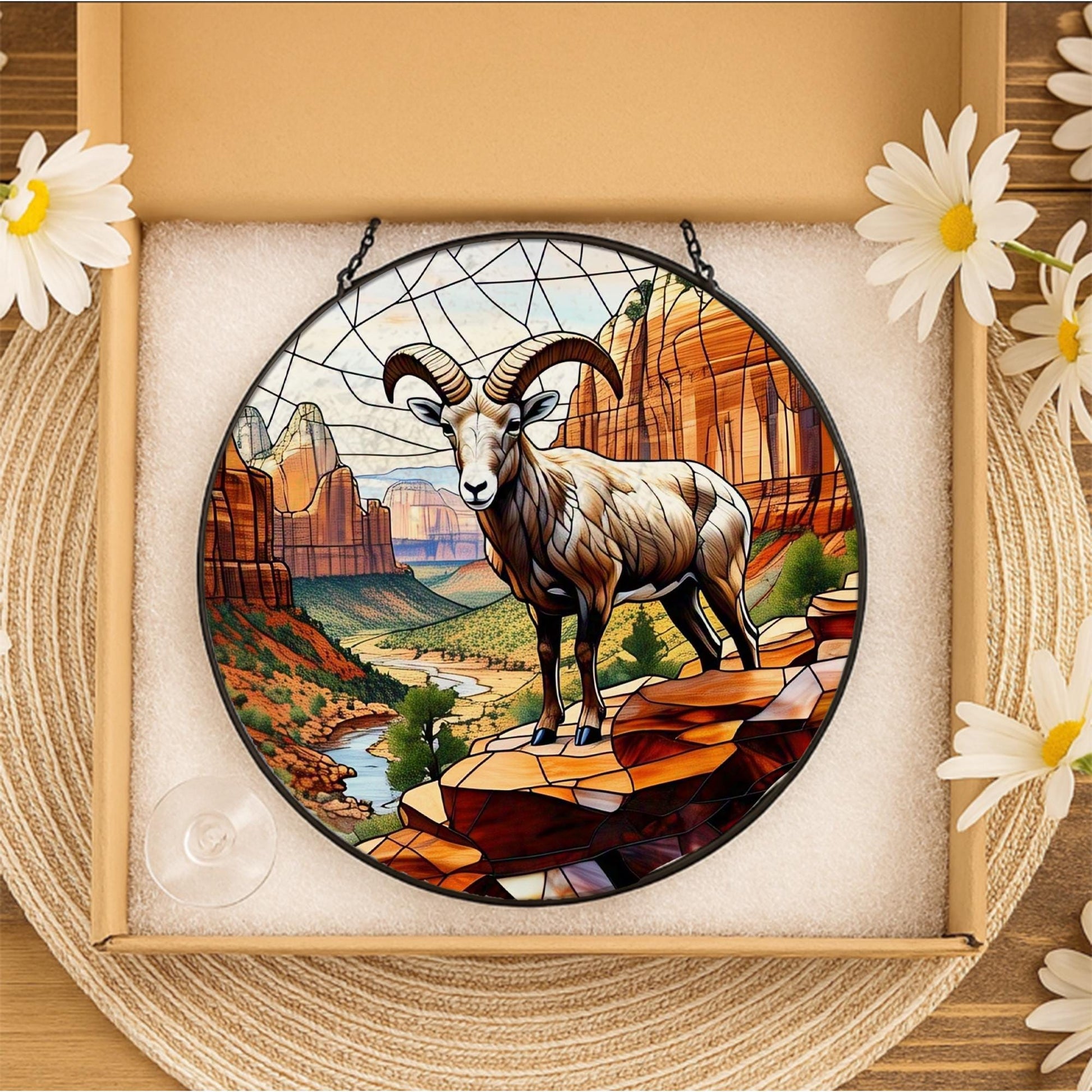 Desert Ram Glass Suncatcher – Stained Glass Style Bighorn Sheep Window Hanging, Rustic Wildlife Decor, Mountain Cabin Wall Art Gift