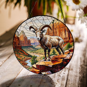 Desert Ram Glass Suncatcher – Stained Glass Style Bighorn Sheep Window Hanging, Rustic Wildlife Decor, Mountain Cabin Wall Art Gift