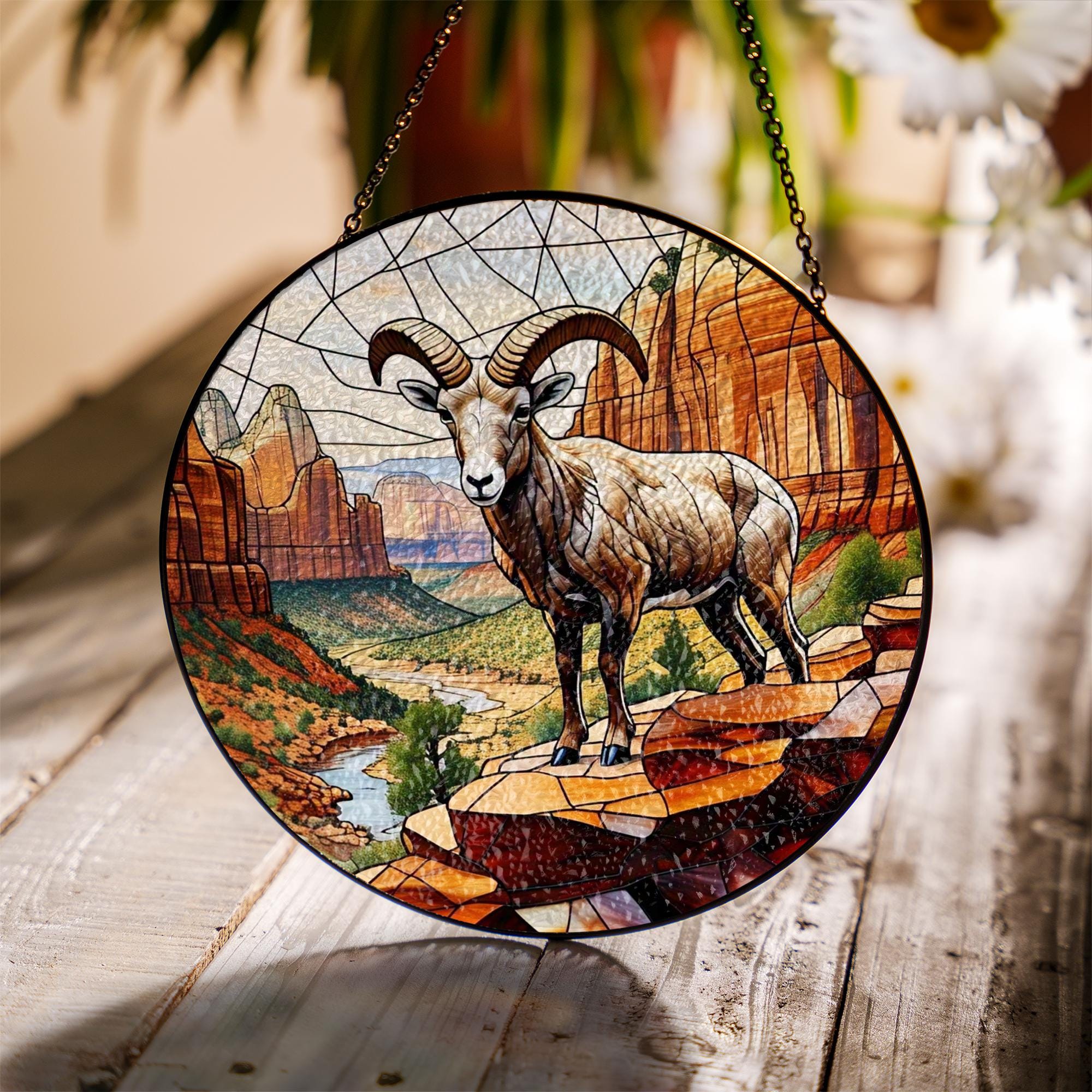 Desert Ram Glass Suncatcher – Stained Glass Style Bighorn Sheep Window Hanging, Rustic Wildlife Decor, Mountain Cabin Wall Art Gift