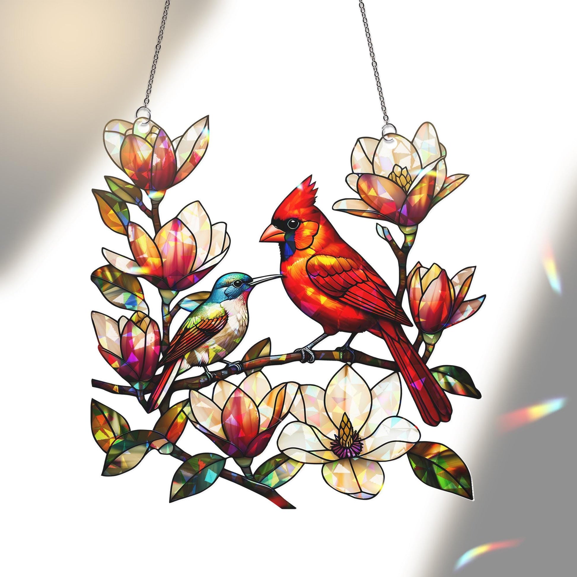 Vibrant Cardinal & Bluebird on Magnolia Branch Acrylic Window Hanging - Colorful Bird Home Decor, Nature Lover Gift, Spring Garden Charm