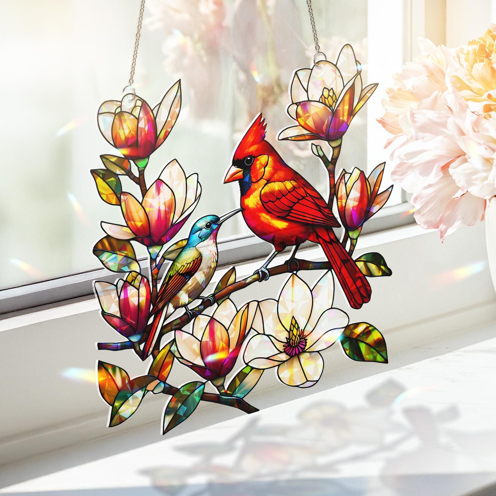 Vibrant Cardinal & Bluebird on Magnolia Branch Acrylic Window Hanging - Colorful Bird Home Decor, Nature Lover Gift, Spring Garden Charm