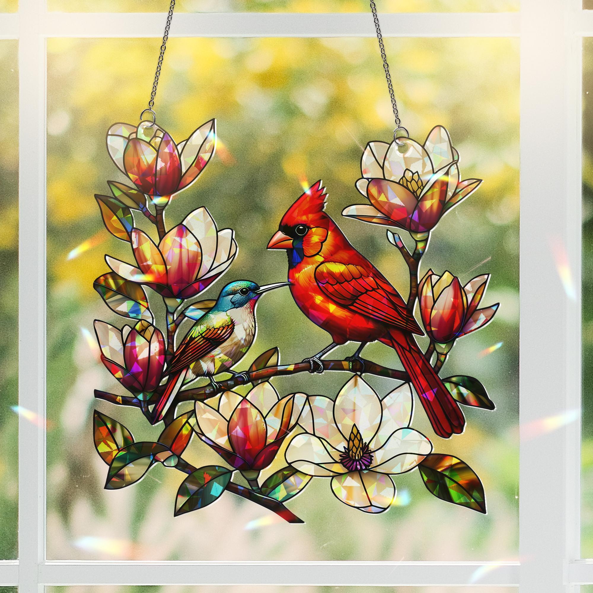 Vibrant Cardinal & Bluebird on Magnolia Branch Acrylic Window Hanging - Colorful Bird Home Decor, Nature Lover Gift, Spring Garden Charm