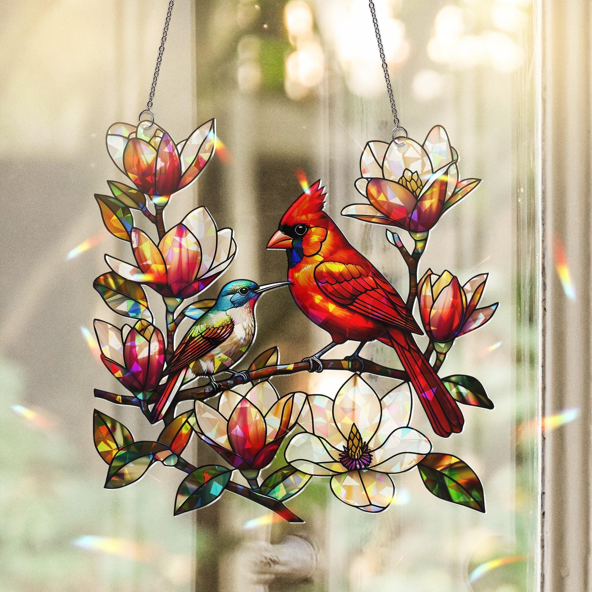 Vibrant Cardinal & Bluebird on Magnolia Branch Acrylic Window Hanging - Colorful Bird Home Decor, Nature Lover Gift, Spring Garden Charm
