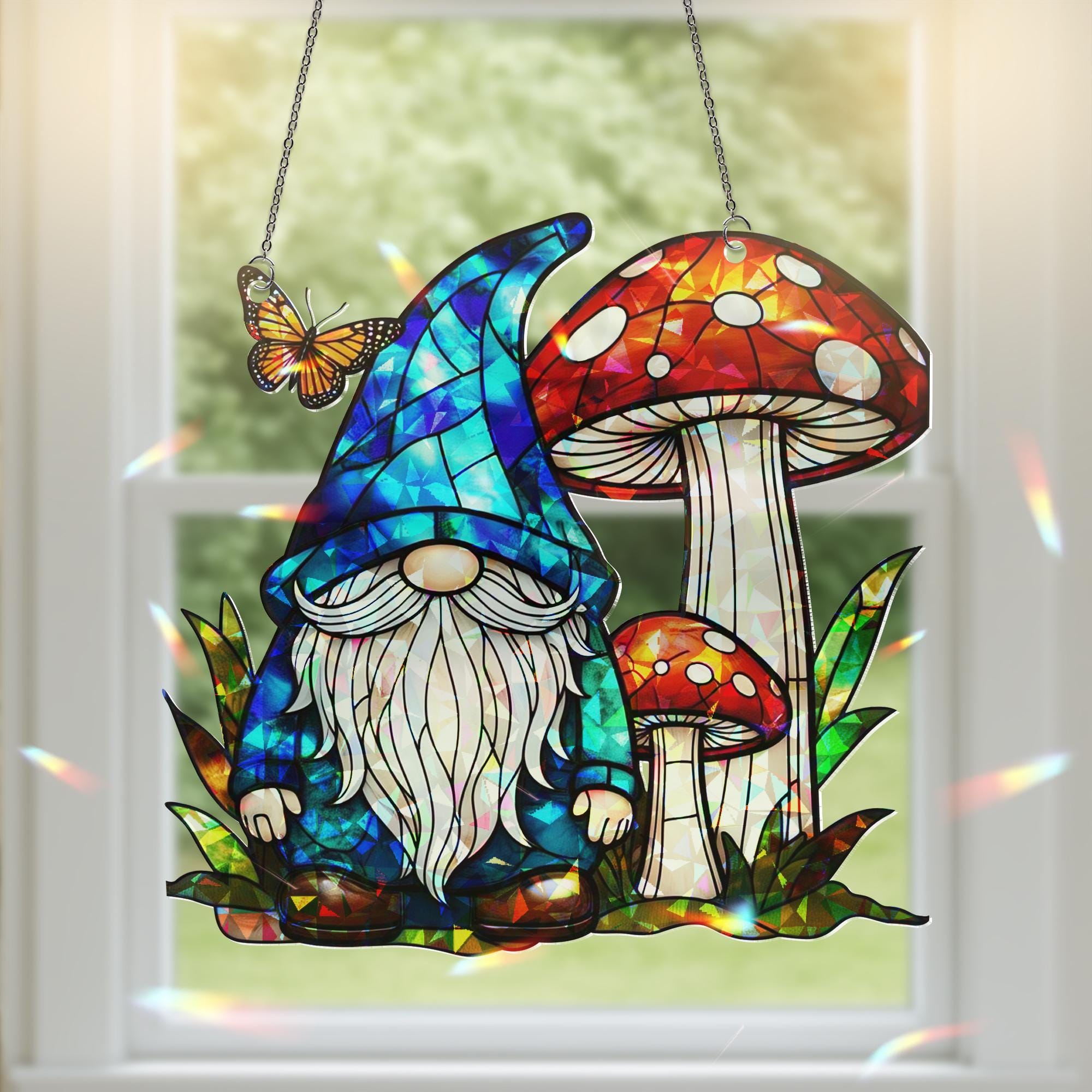 Whimsical Gnome and Mushroom Hologram Acrylic Window Hanging – Fairy Garden Decor, Gift for Gnome Lovers, Fantasy Home Decor